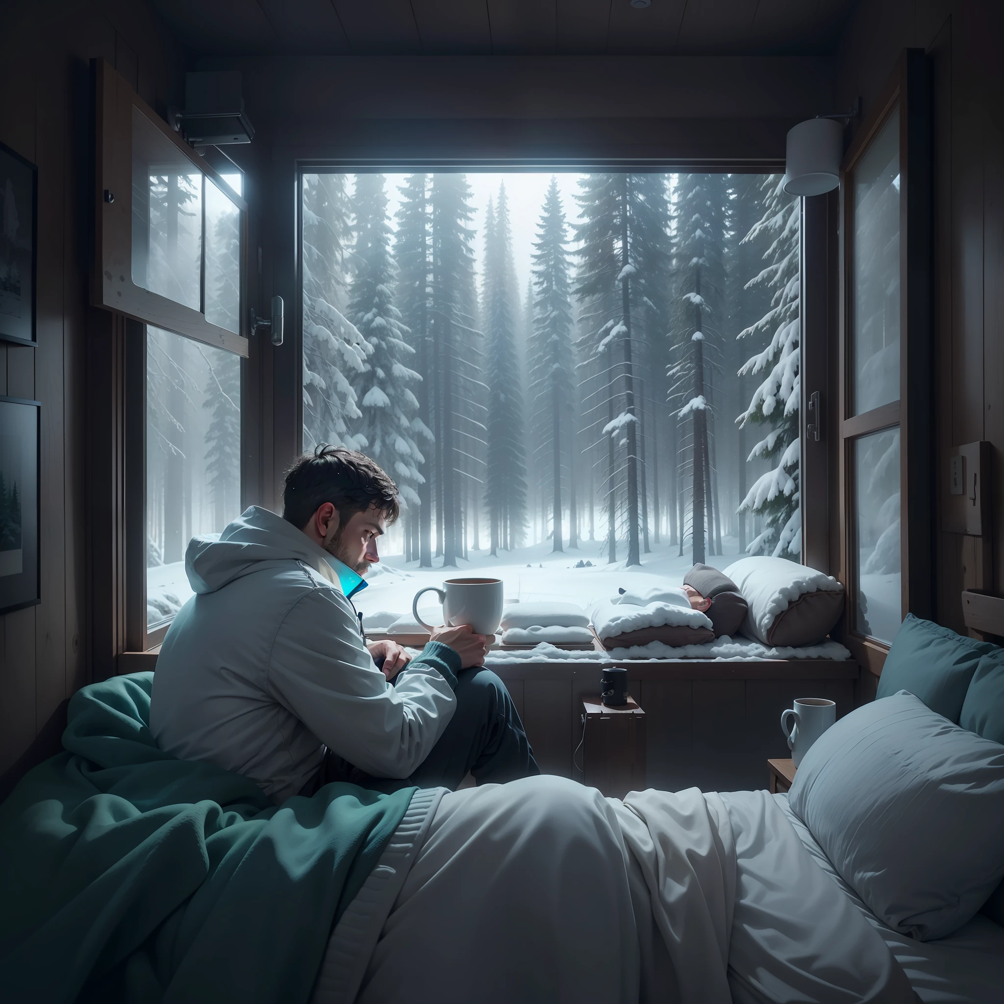Man rests in an extremely comfortable bed after taking a scalding bath in a gas shower, in his cabin in the forest, in the window you can see a landscape of a beautiful forest where it is snowing, he warms up to his waist and takes a mug of hot drink, with a video game controller by his side waiting to be used.