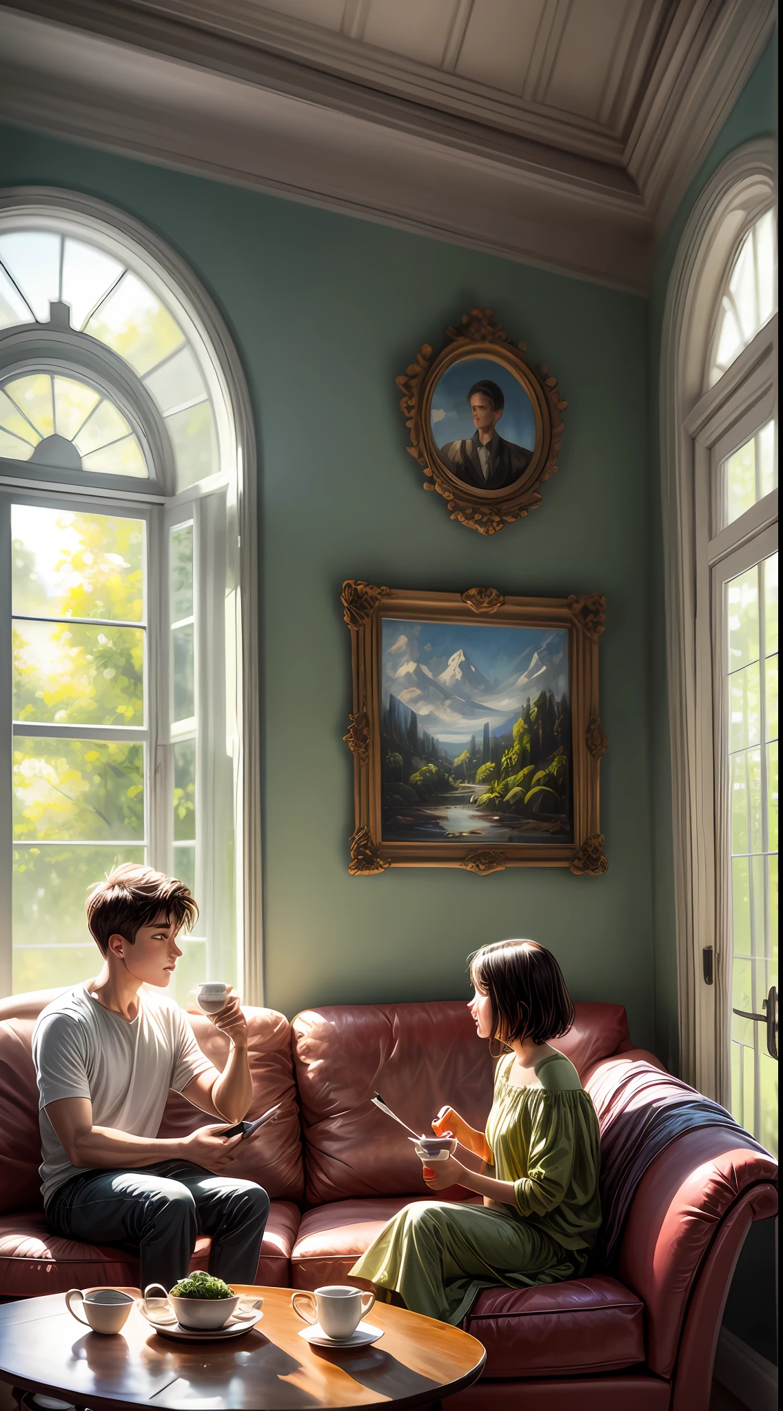 A dreamy painting that portrays a boy and a girl immersed in conversation, sipping coffee in a cozy living room surrounded by lush greenery. Sunlight filters through large windows, casting a soft glow on their faces, illuminating the room with a tranquil ambiance. The brushstrokes are loose and expressive, capturing the warmth and intimacy of the moment, painted with acrylics on canvas using a palette knife for texture and vibrant colors,