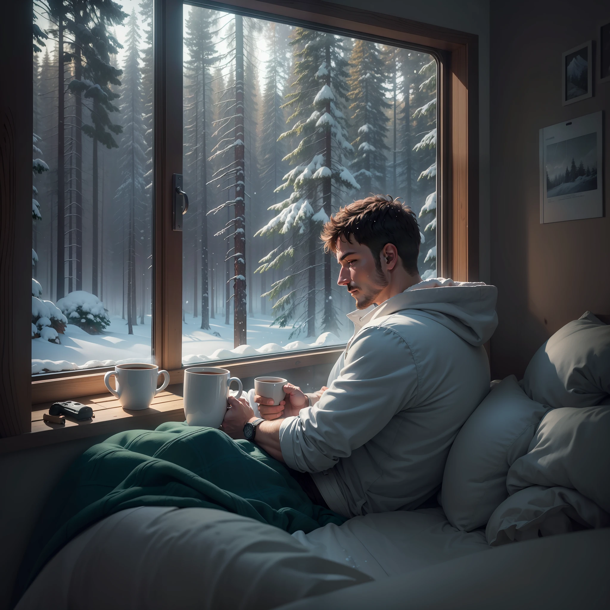 Man rests in an extremely comfortable bed after taking a scalding bath in a gas shower, in his cabin in the forest, in the window you can see a landscape of a beautiful forest where it is snowing, he warms up to his waist and takes a mug of hot drink, with a video game controller by his side waiting to be used.