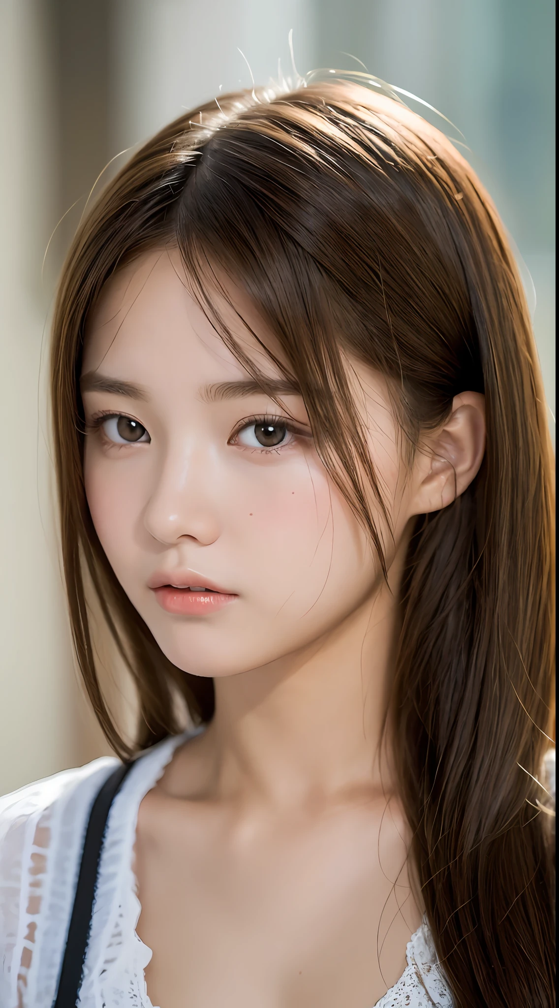 Top quality, realistic, perfect human structure, very detailed, very delicate and beautiful, RAW photography, professional lighting, face lighting, depth of field, single focal, full body, 13 year old woman, brown hair, brown eyes, small head, ((big)), baby face, fashion girl, beautiful eyes, real face, real skin, real face, real skin, detailed eyes, (fashionable hairstyle: 1.3), junior high school student