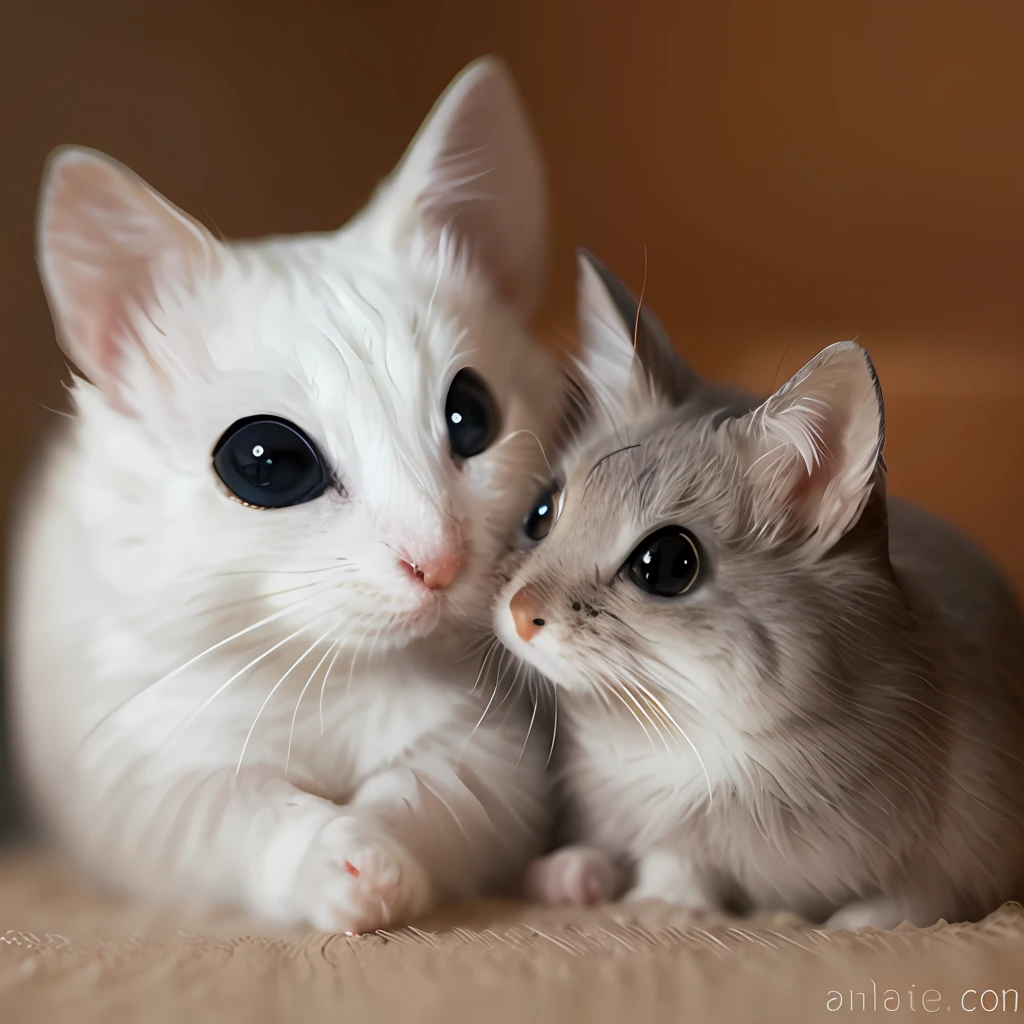 Create an image of a red-eyed cat kissing a mouse