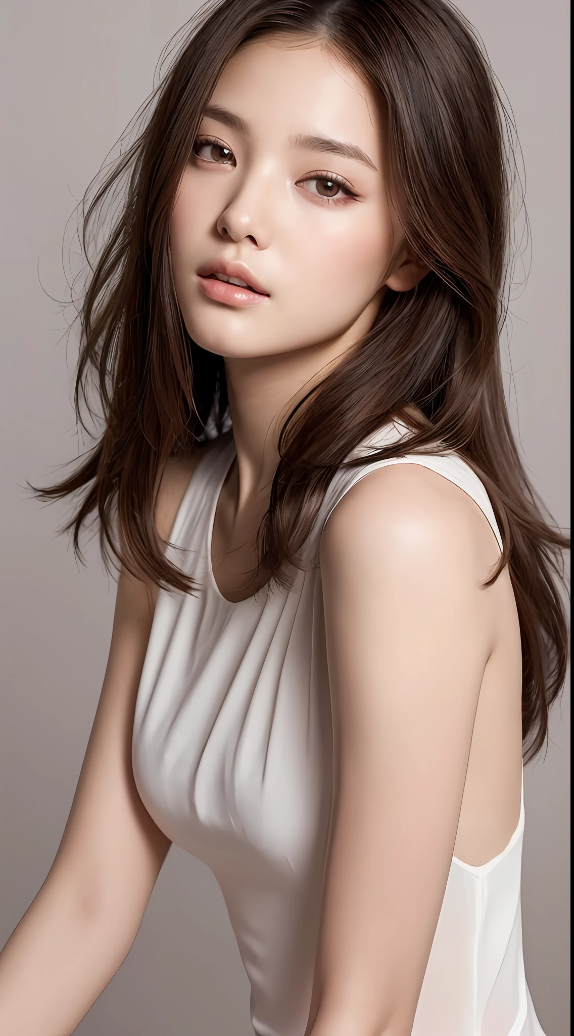 Top quality, realistic, perfect human body structure, very detailed, very delicate and beautiful, RAW photography, professional lighting, face lighting, depth of field, single focal, full body, 18 year old woman, brown hair, brown eyes, small head, ((big)), , fashion girl, beautiful eyes, real face, real skin, realistic face, realistic skin, detailed eyes, (fashionable hairstyle: 1.3), Model