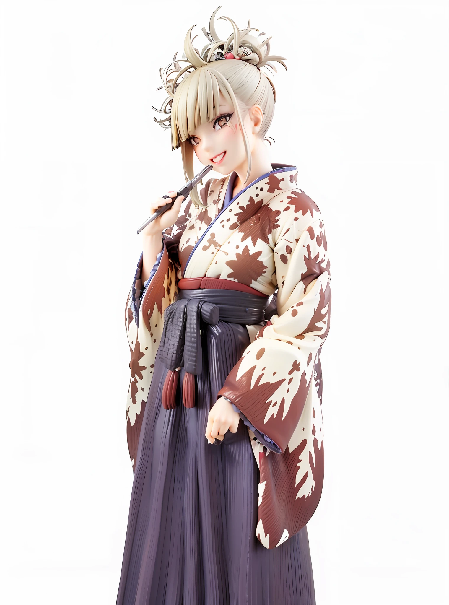 1girl,evil smile, himiko toga,blonde hair,yellow eyes, hold a cutter, white japanese kimono, painted with red polka dots, facing viewer,looking at viewer,good hand,good finger,masterpiece,extremely detailed, full body, black skirt