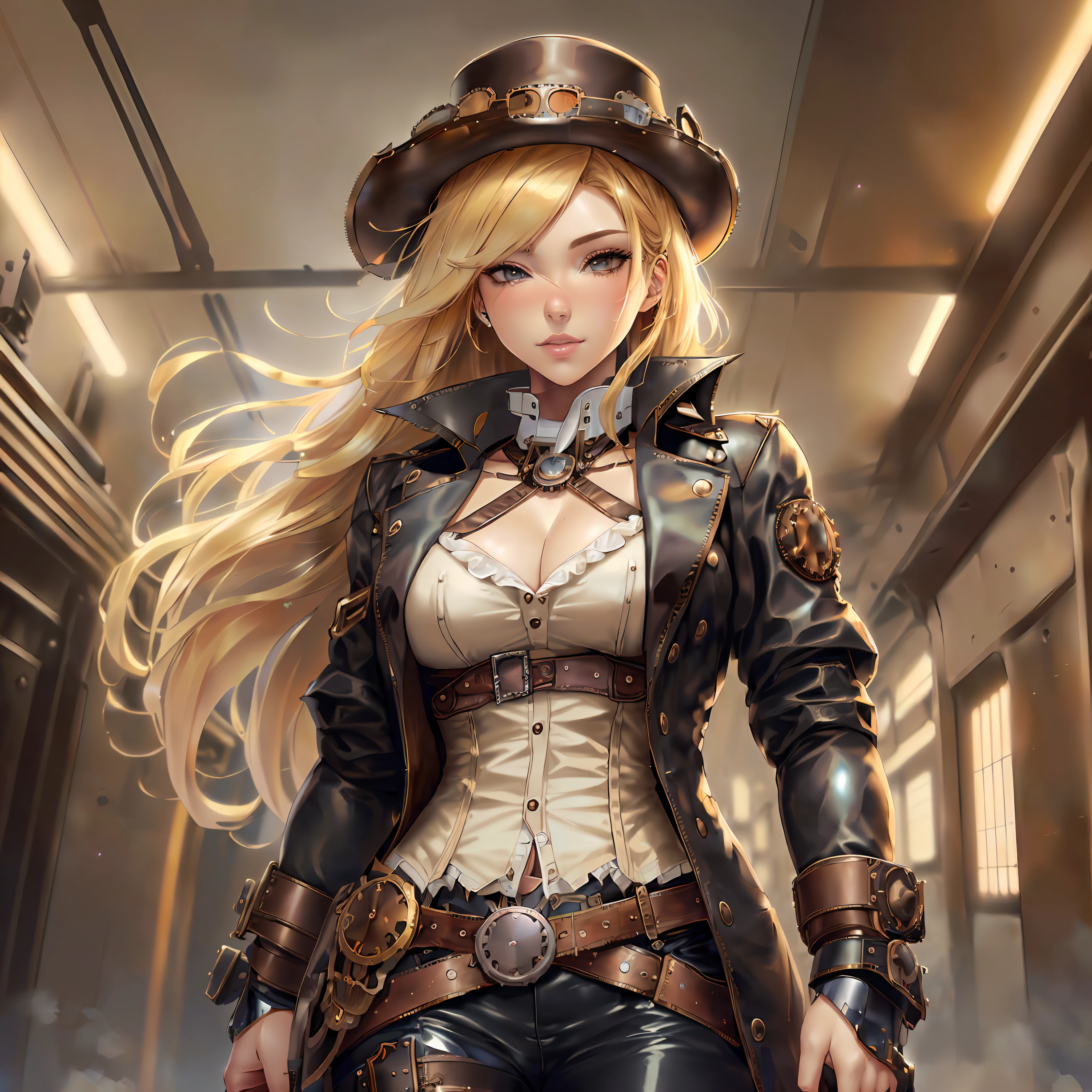 blond woman in a hat and leather jacket with a gun, steampunk beautiful anime woman, style artgerm, stunning character art, ig model | artgerm, artgerm. anime illustration, karol bak uhd, artgerm on artstation pixiv, steampunk concept art, artgerm julie bell beeple, extremely detailed artgerm
