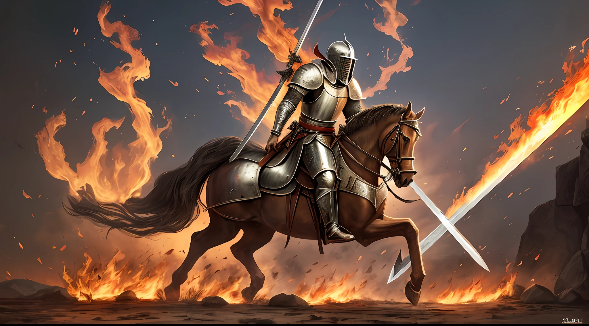 medieval knight raising sword of fire, hiperrealist,hipermaximalista --auto --s2