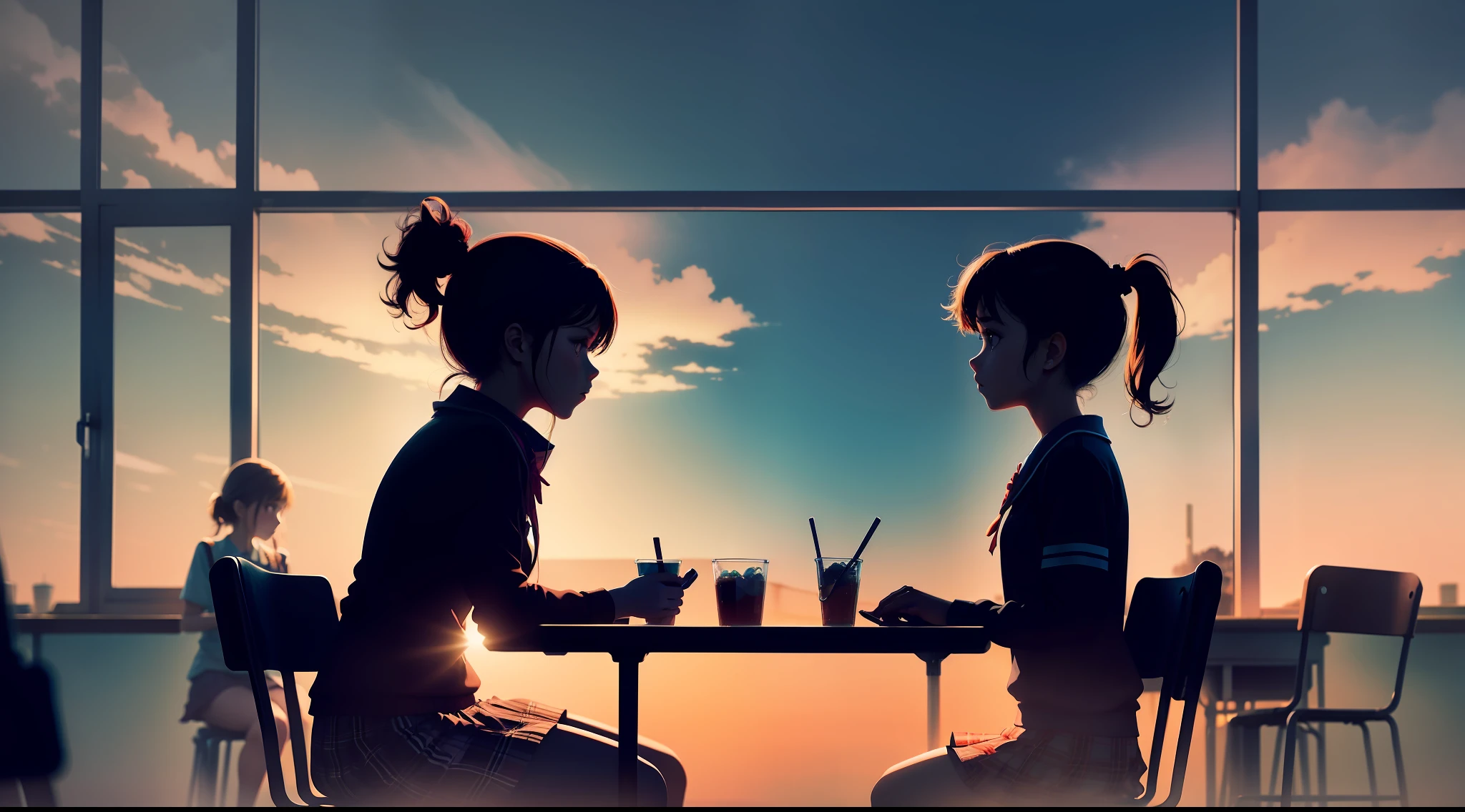 school cafeteria, cool colors, silhouettes of two girls, tables, school, people in the background, school environment