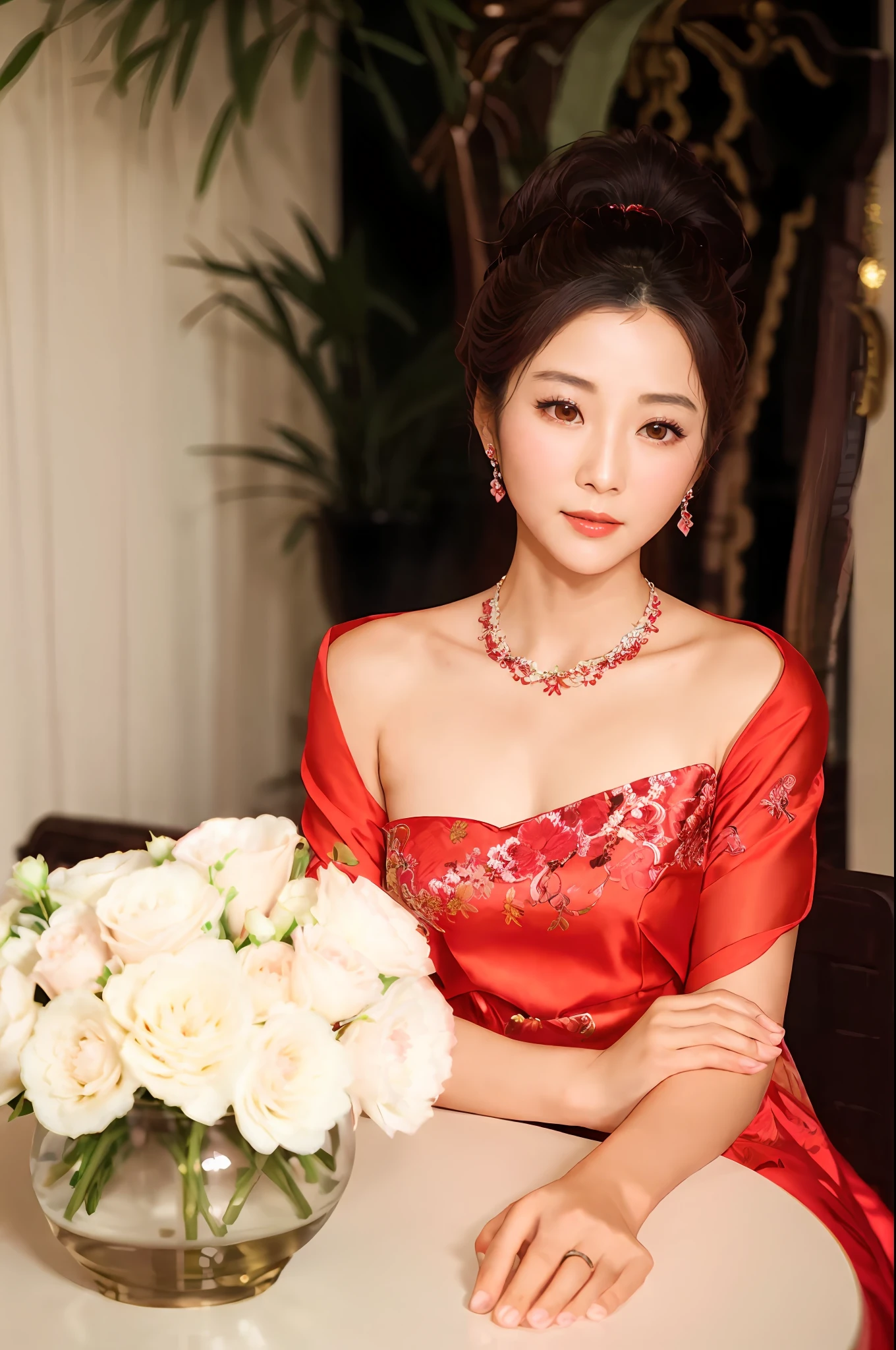 there is a woman sitting at a table with a vase of flowers, wearing a red cheongsam, chinese woman, elegant japanese woman, sha xi, cheongsam, wearing red formal attire, wu liu, song nan li, heise-lian yan fang, chinese girl, chinese princess, lei min, wearing an evening gown, an asian woman