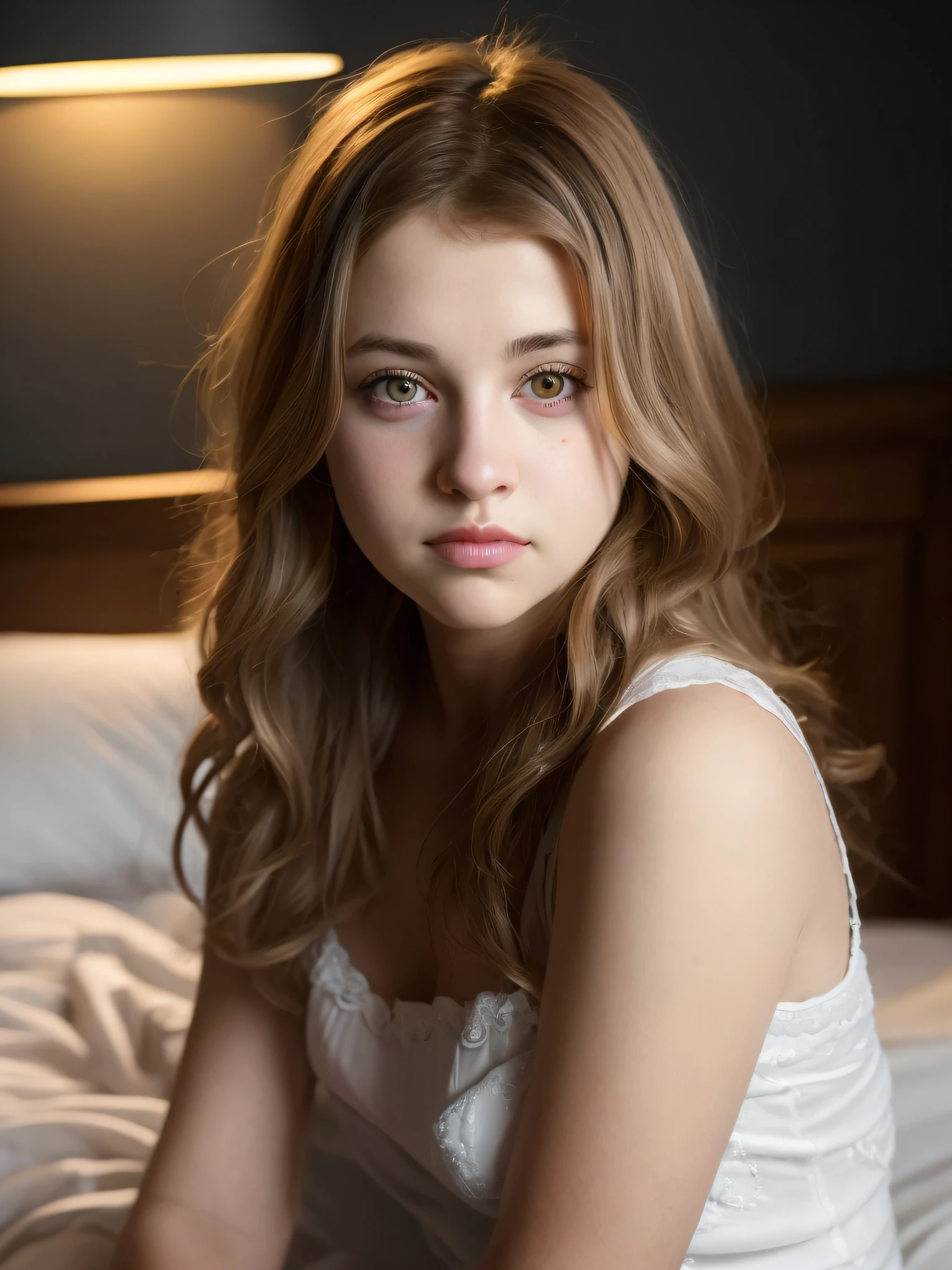 curvy girl, Portrait of an 18 year old cute beautiful perfect face petit , she is happy, very beautiful Russian, raw, in bed, (dark private study, dark and moody light: 1.2)