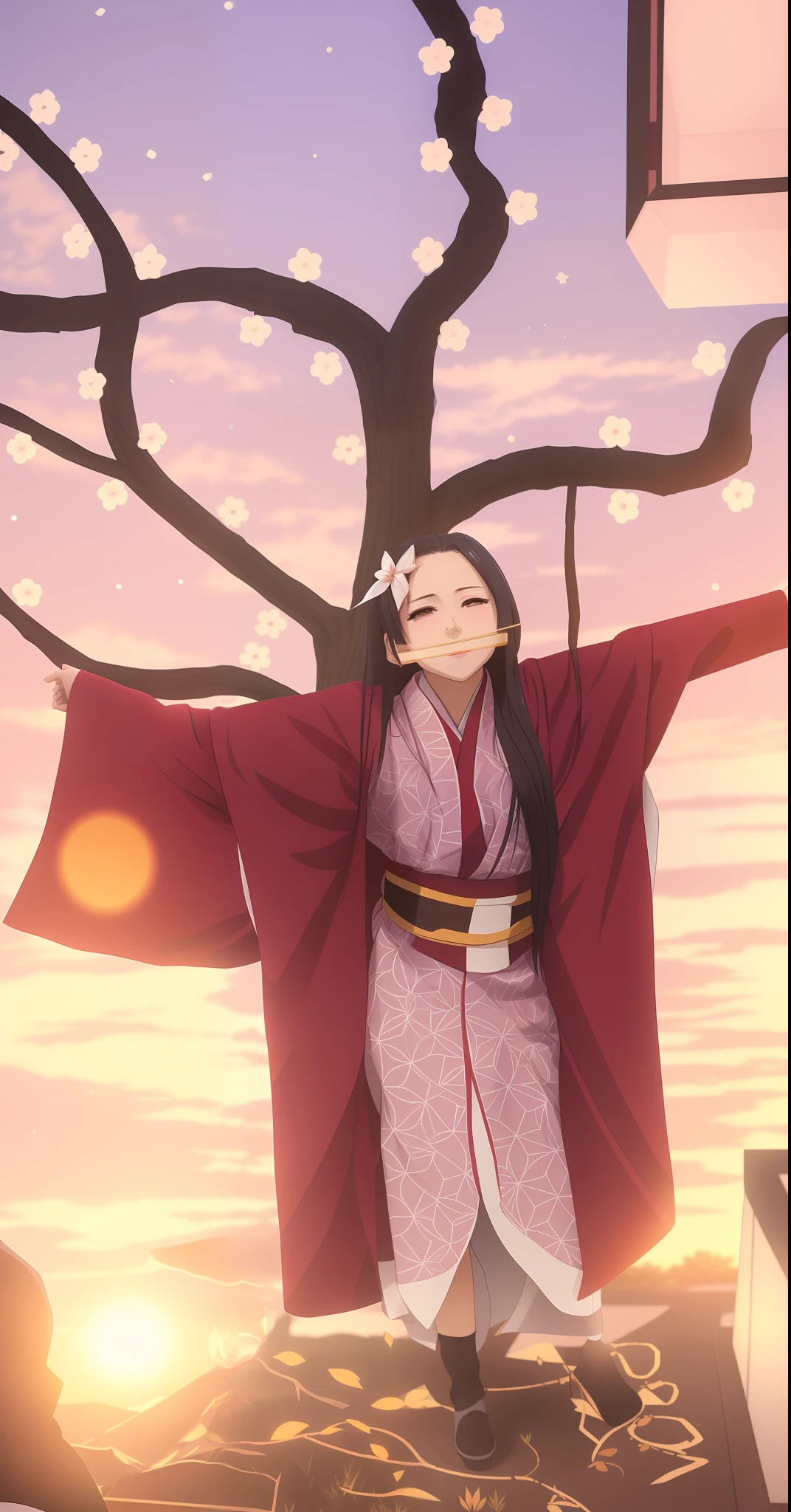 dressed in a kimono in front of an anime tree