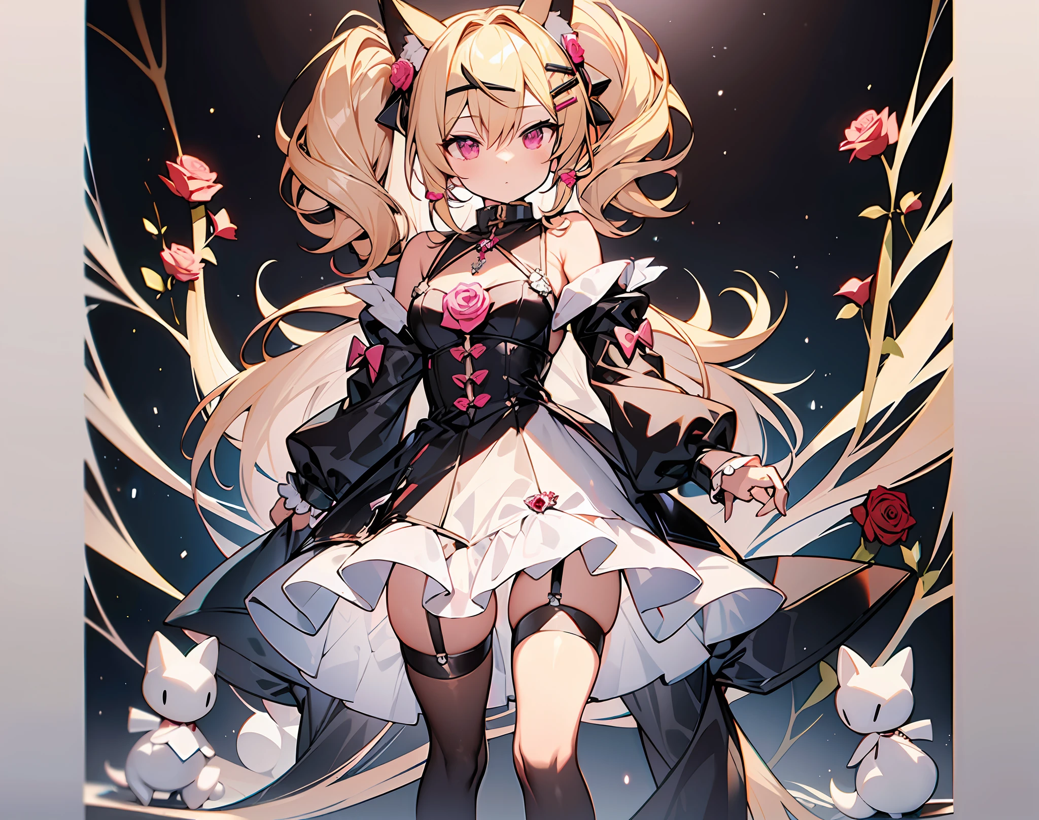 ((masterpiece, best quality)), a maiden, standing full body main view blonde hair, double ponytail, pink eyes, bangs between the eyes fox ears , black white and rose red clothing, clothing style: doll clothes leg straps, hair ornaments are bows crystal pendants high heels white silk