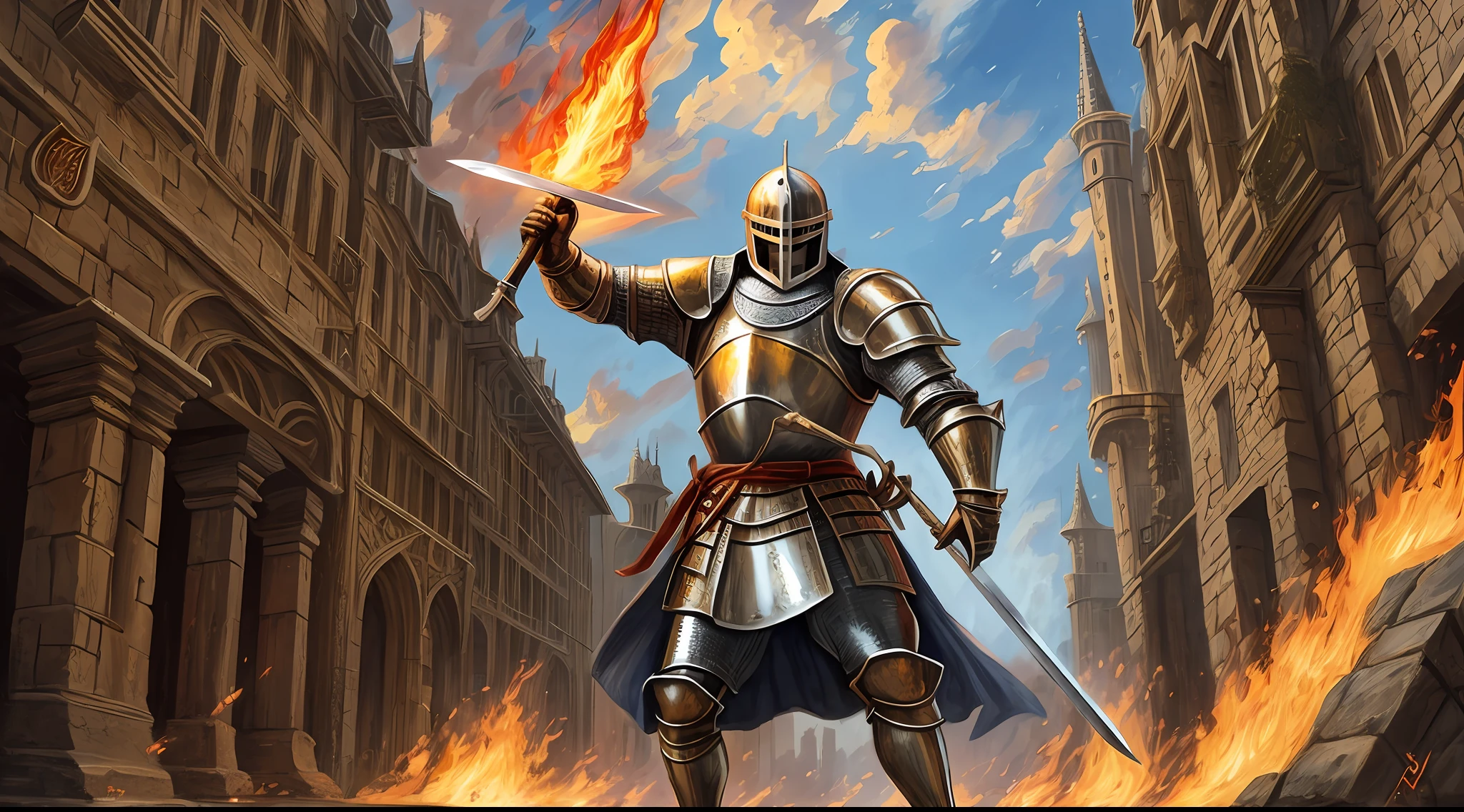 medieval knight raising sword of fire, hiperrealist,hipermaximalista --auto --s2