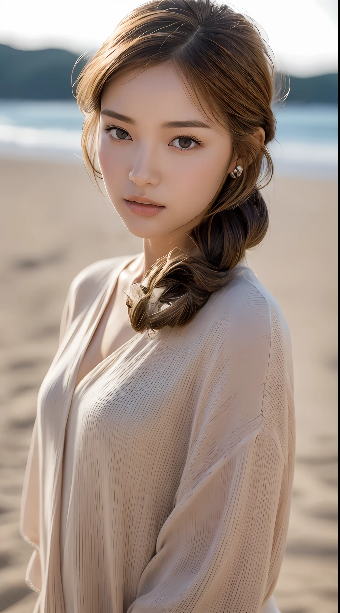 Top quality, realistic, perfect human body structure, very detailed, very delicate and beautiful, RAW photos, beautiful sandy beach, crystal clear sea, professional lighting, face lighting, depth of field, single focal, full body photo, 18 year old woman, brown hair, brown eyes, small head, ((big)), baby face, fashion girl, beautiful eyes, real face, real skin, realistic face, realistic skin, detailed eyes, (fashionable hairstyle:1.3),