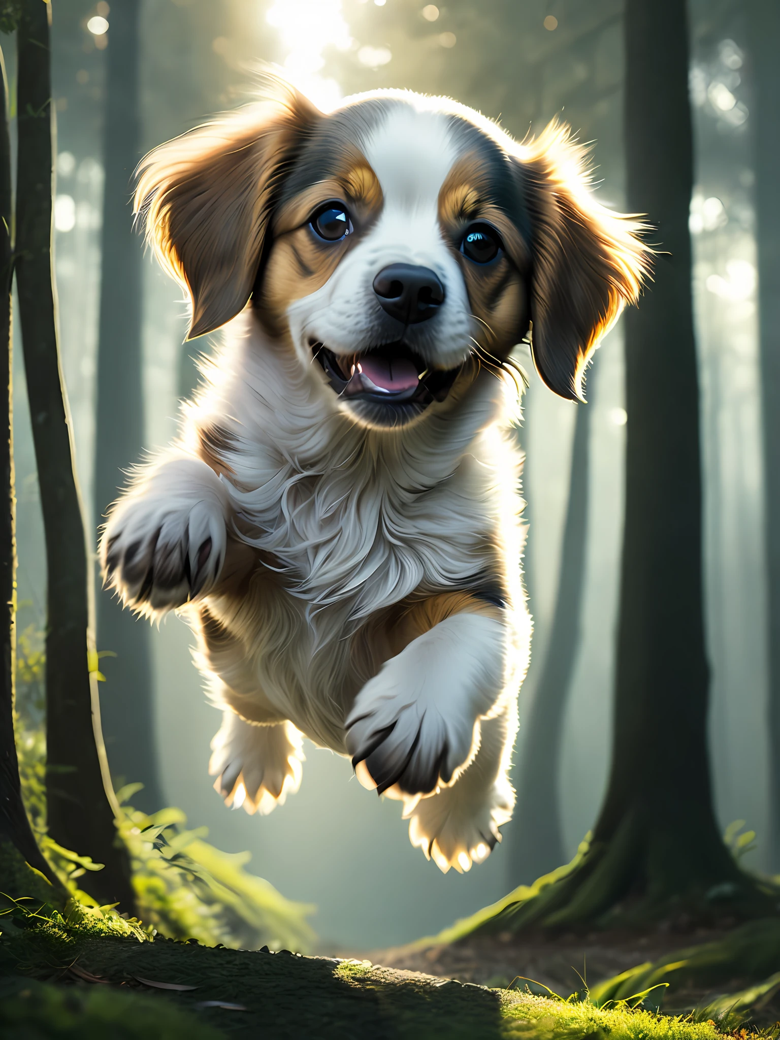 Close-up of a very cute jumping puppy in the forest, soft volumetric light, (backlight: 1.3), (movie: 1.2), intricate details, (ArtStation: 1.3), Rutkowski