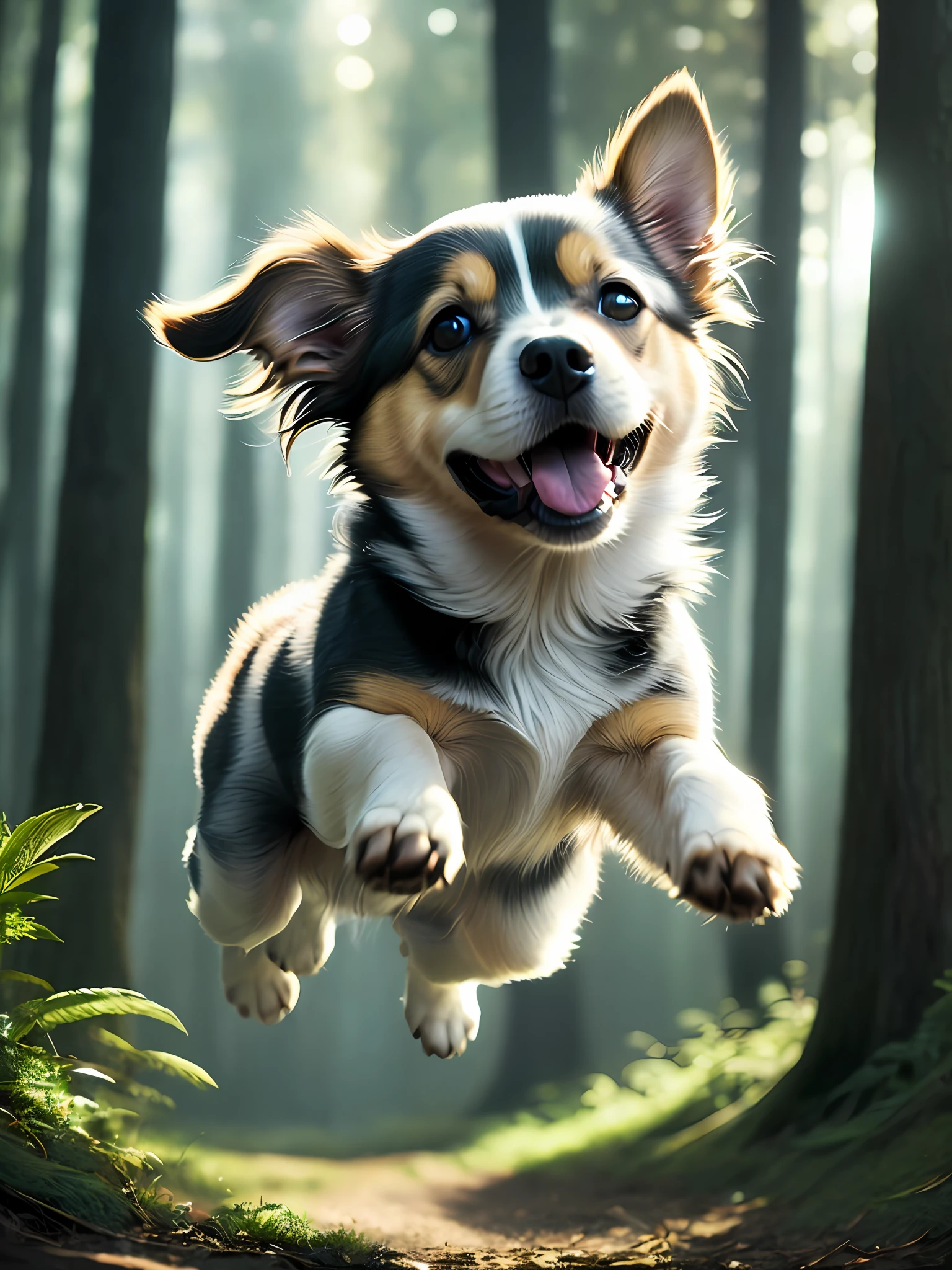 Close-up of a very cute jumping puppy in the forest, soft volumetric light, (backlight: 1.3), (movie: 1.2), intricate details, (ArtStation: 1.3), Rutkowski