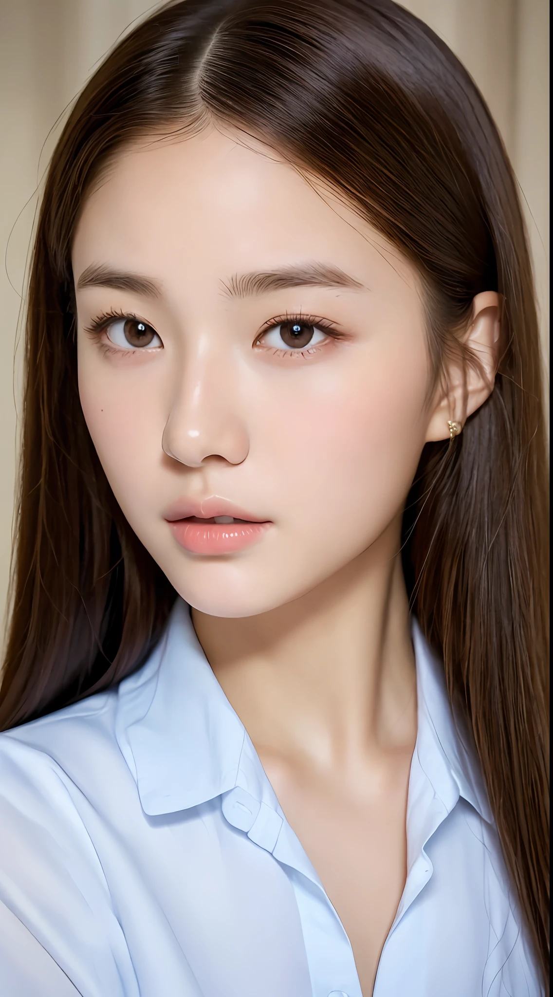 Top quality, realistic, perfect human body structure, very detailed, very delicate and beautiful, RAW photography, uniform figure, professional lighting, face lighting, depth of field, single focal, full body, 16 year old woman, brown hair, brown eyes, small head, ((big)), baby face, light makeup, fashion girl, beautiful eyes, real face, real skin, realistic face, realistic skin, detailed eyes, detailed whole body and chest see, ( Fashionable hairstyles: 1.3), high school students