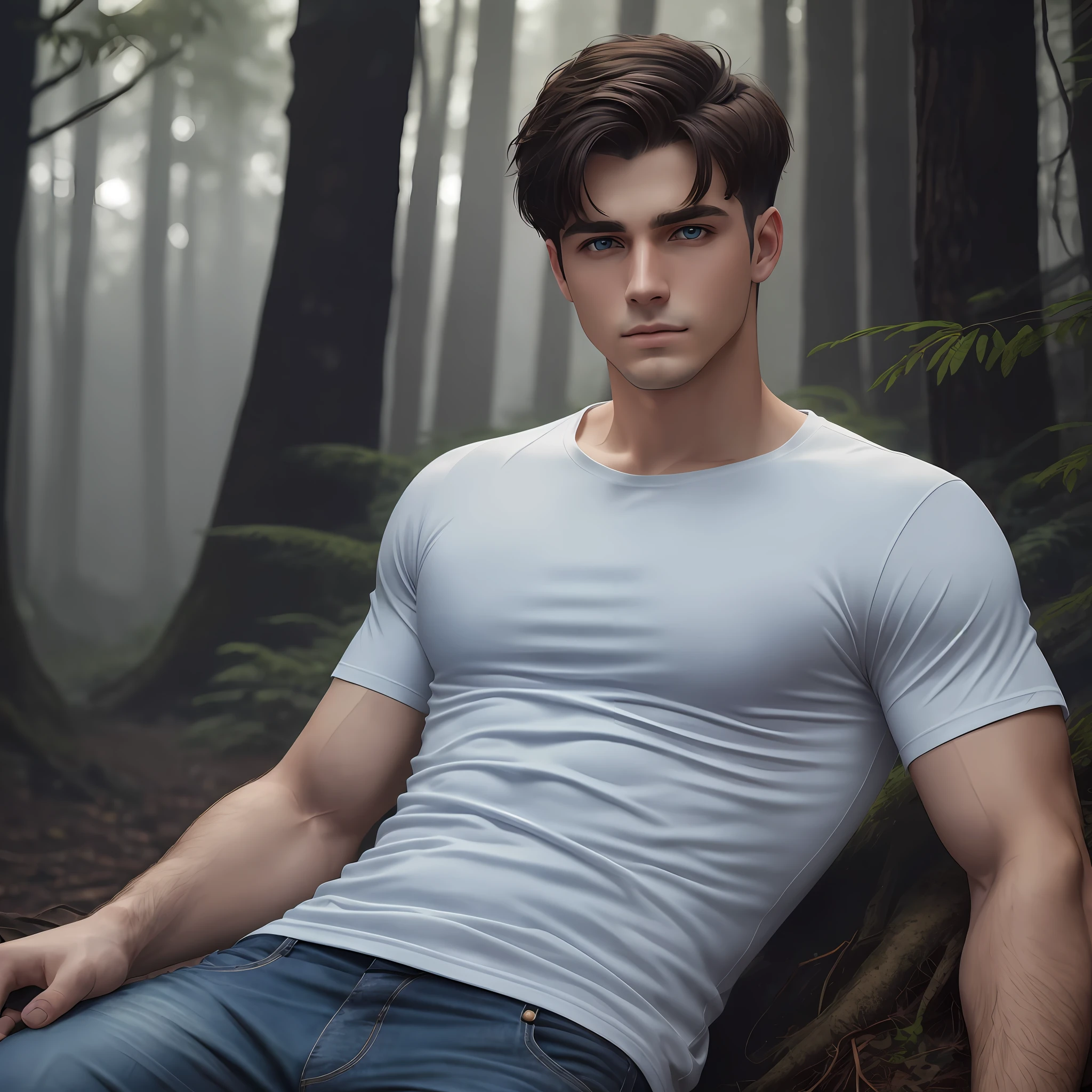 Young American adult man with dark blue eyes, athletic, dark brown hair military cut, wearing white T-shirt and blue jeans. Dark forest background with fog. Realistic, 4k, better quality, better image.
