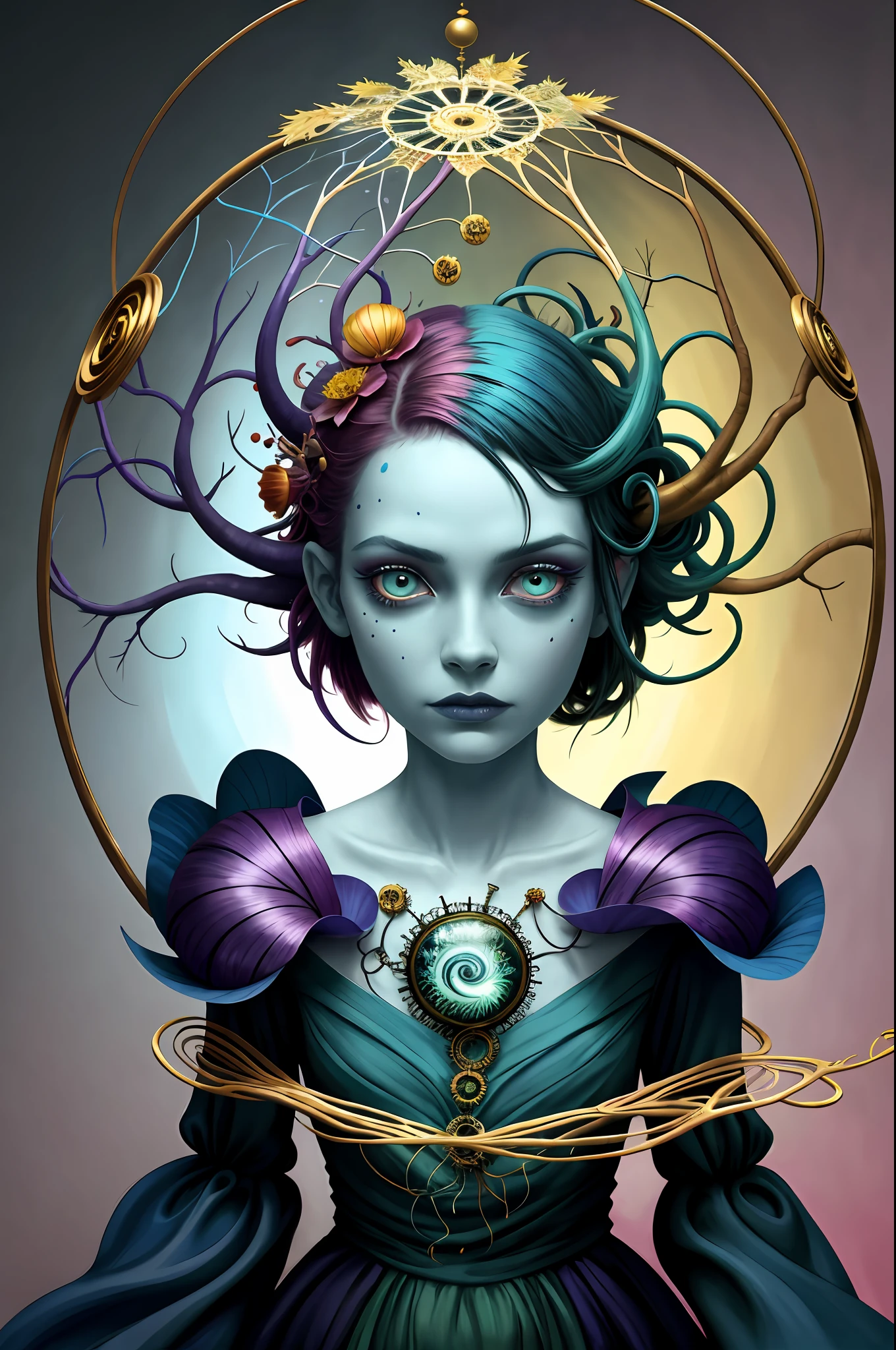 colorpop style, pointy hair, blue skin, natalie shau, mark ryden, alberto seveso, brooke shaden, anna dittmann, flora borsi, yin yang anthill, ant, lily, insect, fern, beautiful full body photo with oil painting, with thick brushstrokes and wet paint, fibonacci, golden ratio, melted wax, visible brushstrokes, surrounded by crystal ball, 3D Mosaic wireframe, neural graphics, neurons, tree of life, color, love, passion, oil on canvas, thick brush strokes, crazy details, 8k uhd, masterpiece, art station, surrealism