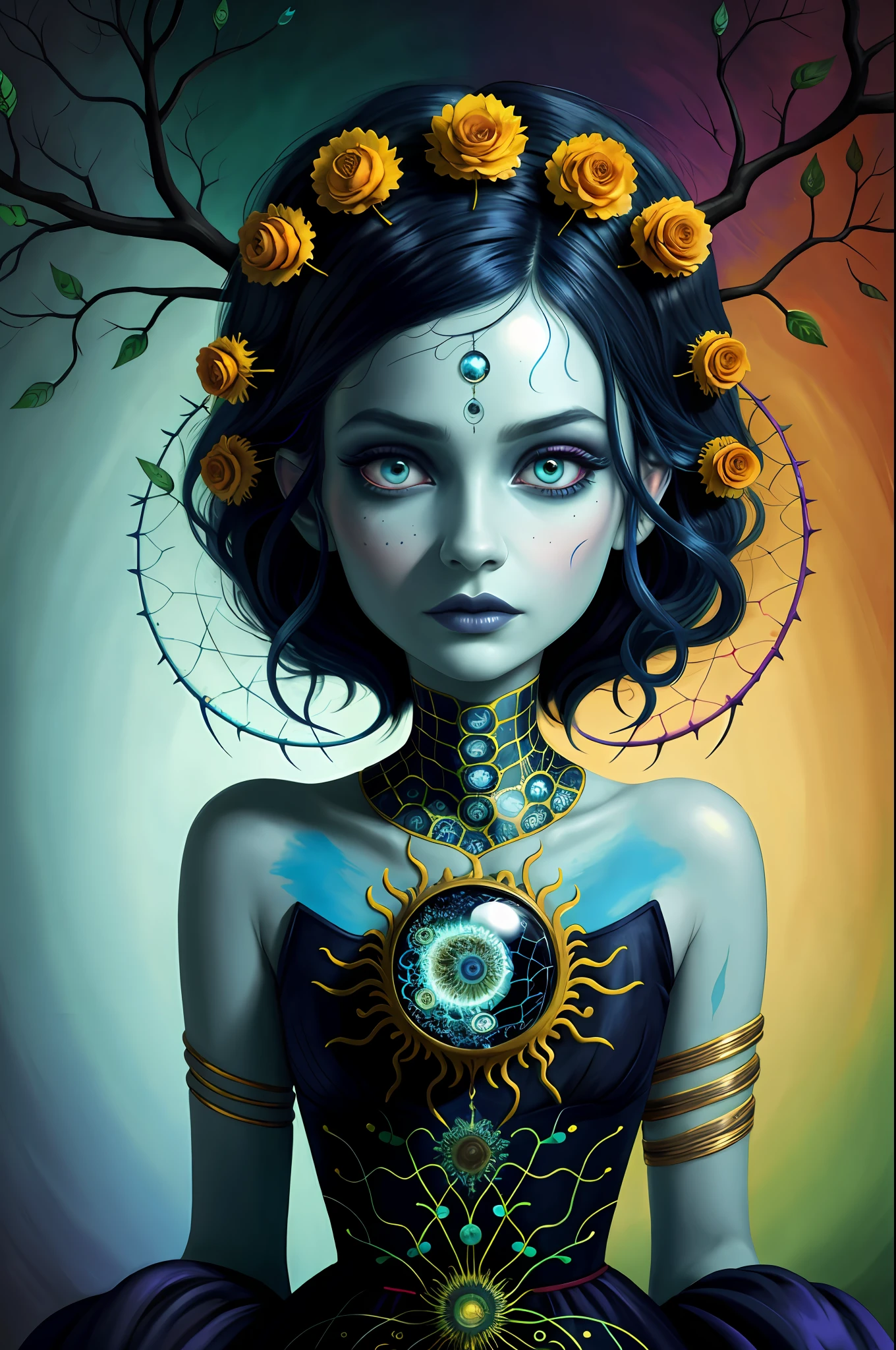 colorpop style, pointy hair, blue skin, natalie shau, mark ryden, alberto seveso, brooke shaden, anna dittmann, flora borsi, yin yang anthill, ant, lily, insect, fern, beautiful full body photo with oil painting, with thick brushstrokes and wet paint, fibonacci, golden ratio, melted wax, visible brushstrokes, surrounded by crystal ball, 3D Mosaic wireframe, neural graphics, neurons, tree of life, color, love, passion, oil on canvas, thick brush strokes, crazy details, 8k uhd, masterpiece, art station, surrealism