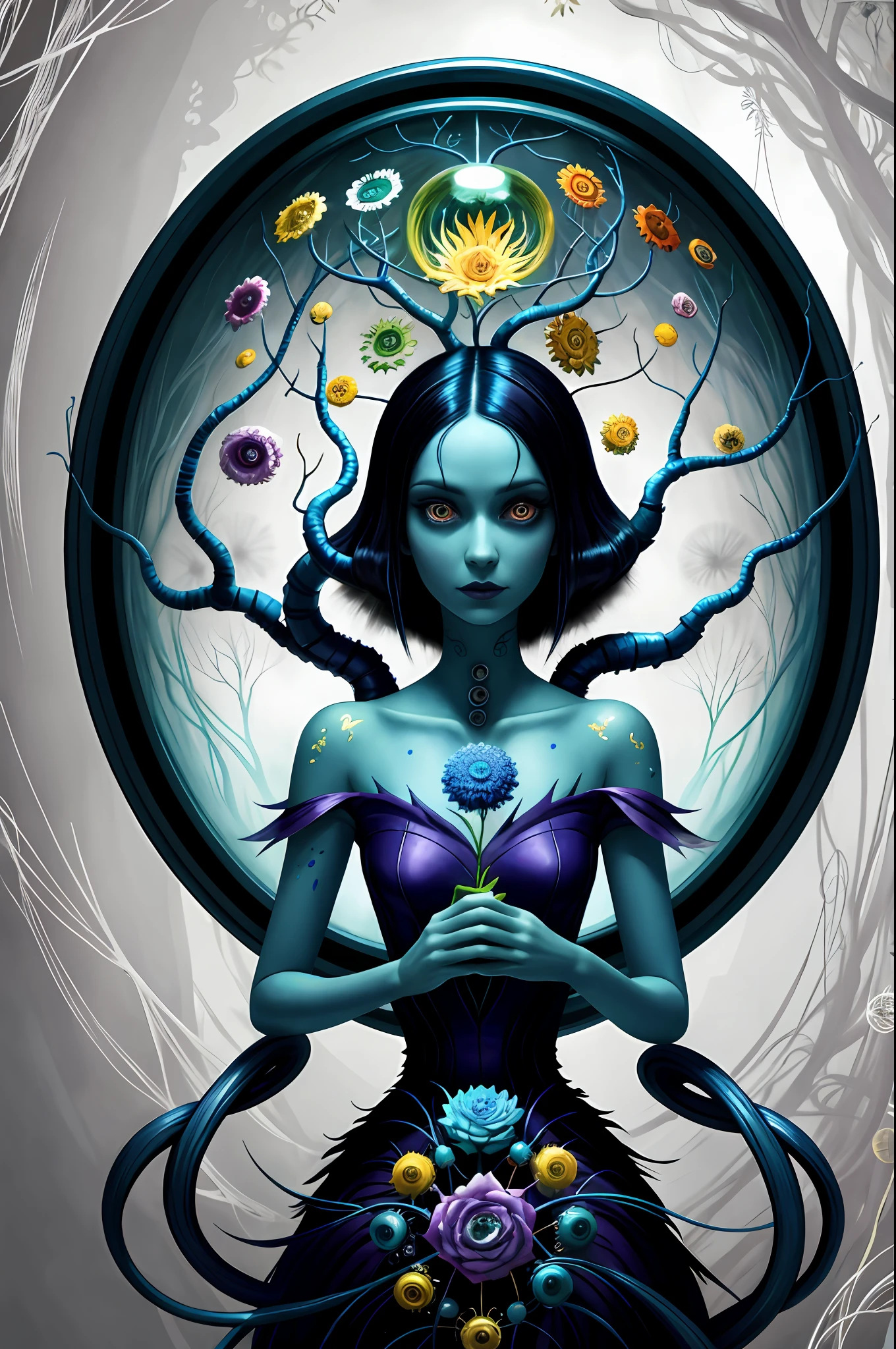 colorpop style, pointy hair, blue skin, natalie shau, mark ryden, alberto seveso, brooke shaden, anna dittmann, flora borsi, yin yang anthill, ant, lily, insect, fern, beautiful full body photo with oil painting, with thick brushstrokes and wet paint, fibonacci, golden ratio, melted wax, visible brushstrokes, surrounded by crystal ball, 3D Mosaic wireframe, neural graphics, neurons, tree of life, color, love, passion, oil on canvas, thick brush strokes, crazy details, 8k uhd, masterpiece, art station, surrealism