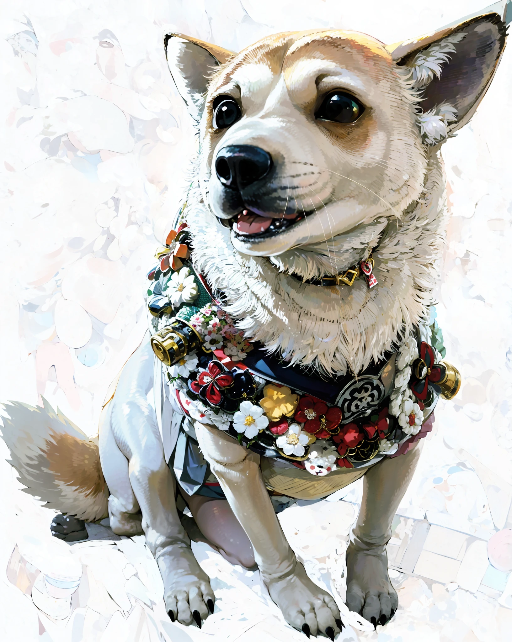 arafed dog wearing a collar with a teddy bear on it, miko, wearing collar, japanese dog, collar on neck, shell collar!!l, wearing collar on neck, by Gusukuma Seihō, kiki, collar, fully decorated, cat dog teddy mix, by Shiba Kōkan, fluffy neck, spike collar, collar around neck --auto --s2