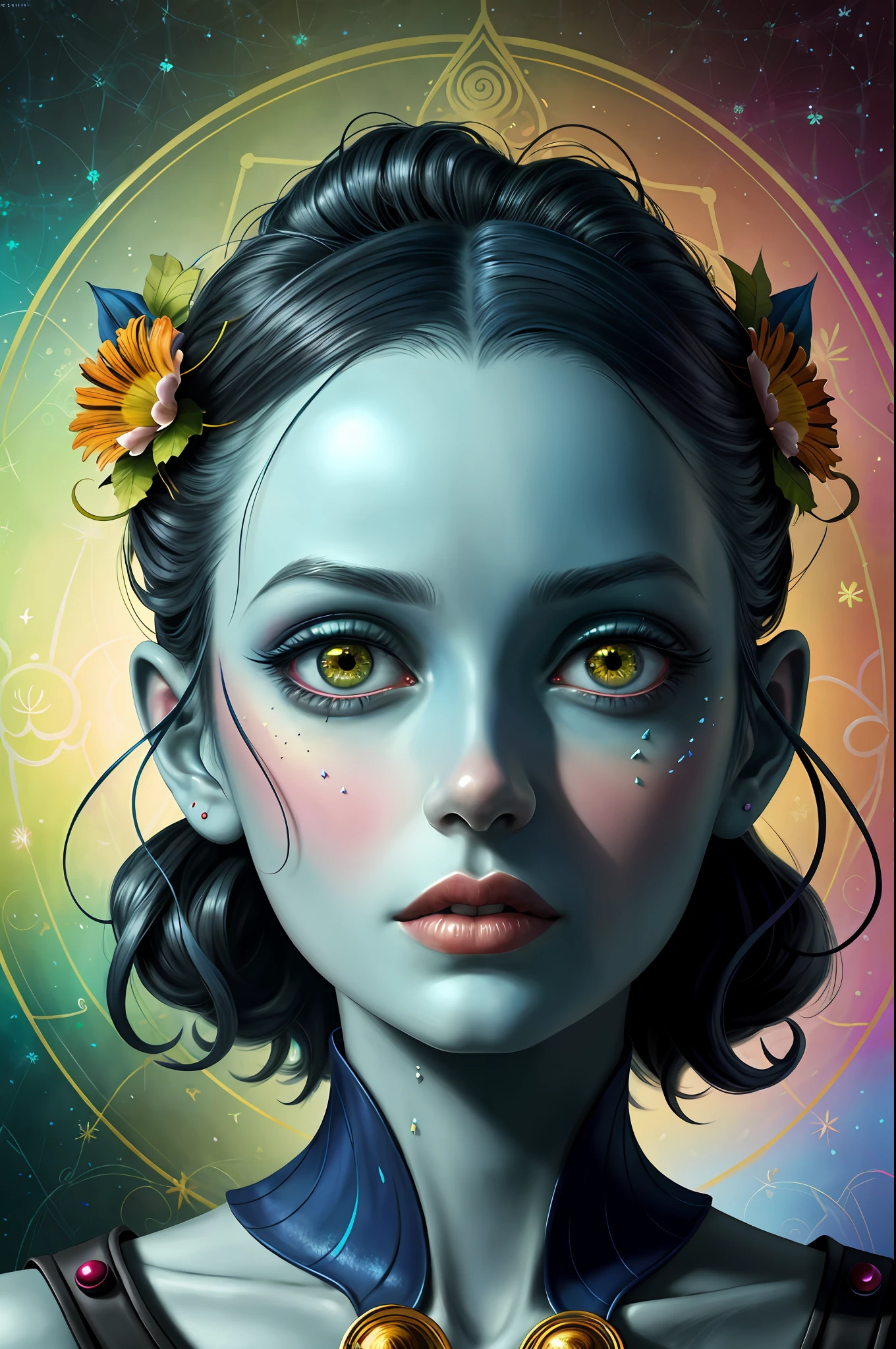 colorpop style, pointy hair, blue skin, natalie shau, mark ryden, alberto seveso, brooke shaden, anna dittmann, flora borsi, yin yang anthill, ant, lily, insect, fern, beautiful full body photo with oil painting, with thick brushstrokes and wet paint, fibonacci, golden ratio, melted wax, visible brushstrokes, surrounded by crystal ball, 3D Mosaic wireframe, neural graphics, neurons, tree of life, color, love, passion, oil on canvas, thick brush strokes, crazy details, 8k uhd, masterpiece, art station, surrealism
