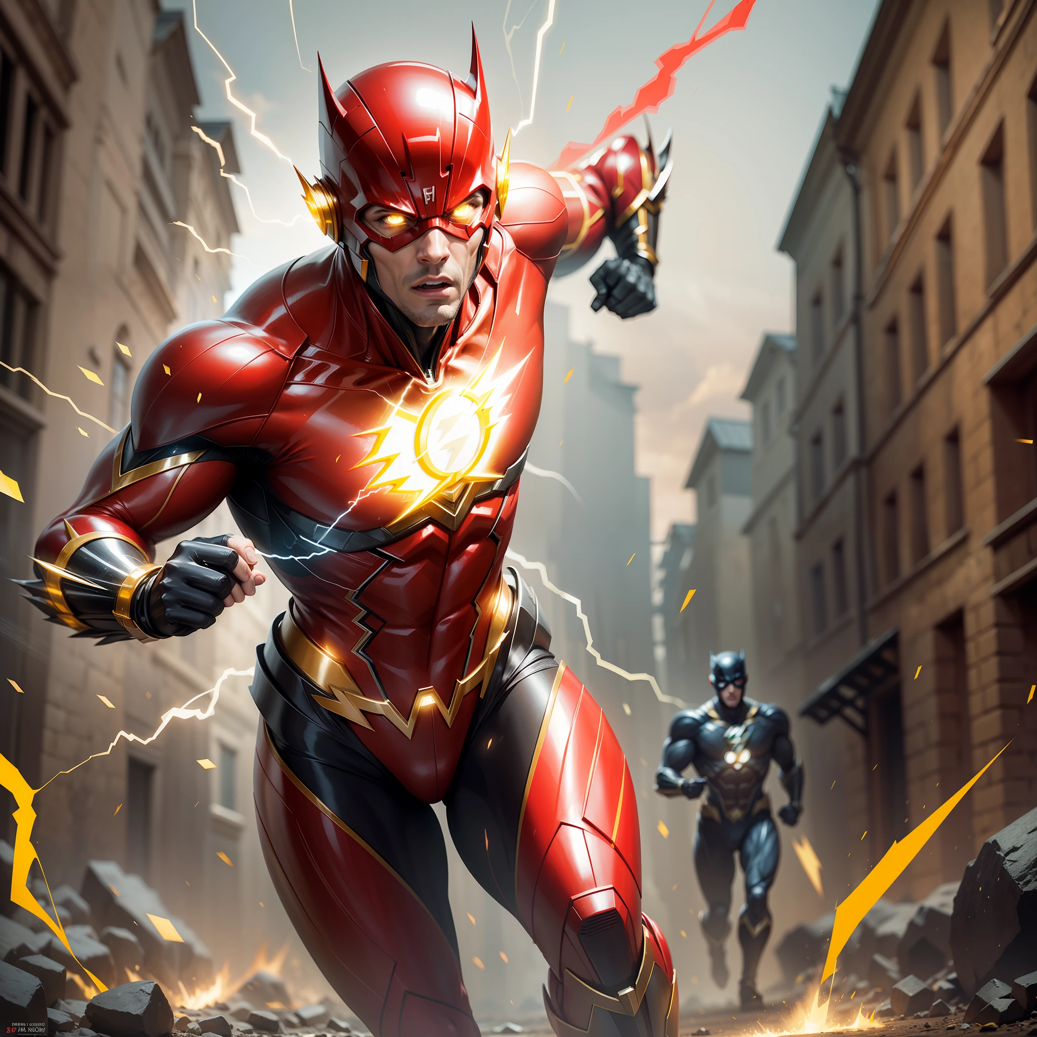 Masterpiece, best quality realistic image of Justice League Flash with accurate lighting and super 8k resolution. Full body image in high definition. (Highlighting uniform illuminated in red and yellow), dark and contrasting background, dynamic and moving pose, determined and heroic facial expression, including hands in running position.