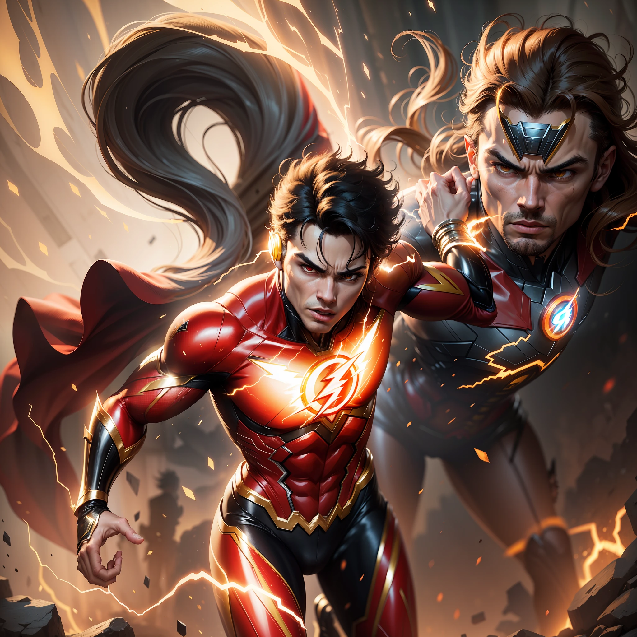 Masterpiece, best quality realistic image of Justice League Flash with accurate lighting and super 8k resolution. Full body image in high definition. (Highlighting uniform illuminated in red and yellow), dark and contrasting background, dynamic and moving pose, determined and heroic facial expression, including hands in running position.