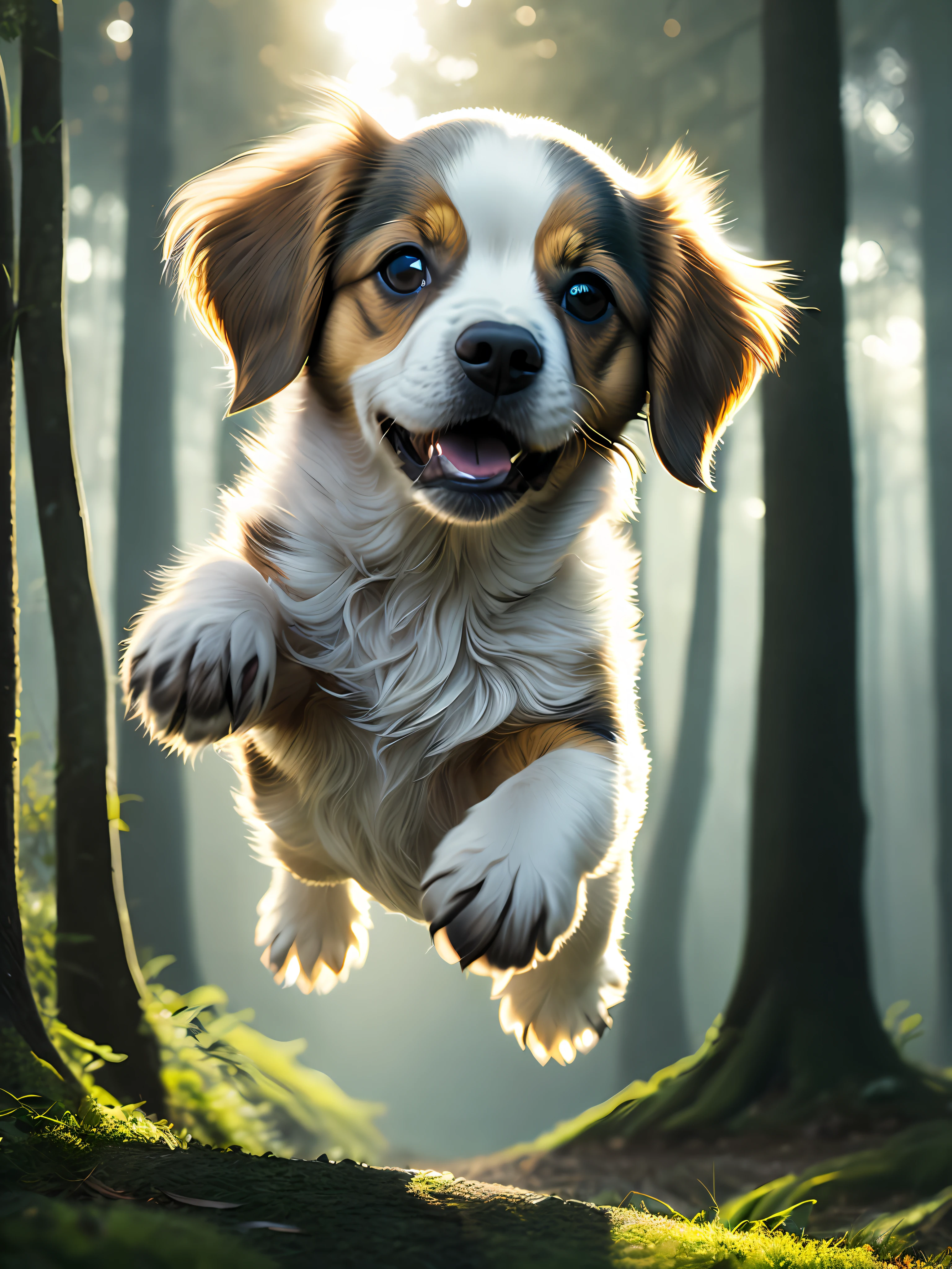 Close-up of a very cute jumping puppy in the forest, soft volumetric light, (backlight: 1.3), (movie: 1.2), intricate details, (ArtStation: 1.3), Rutkowski