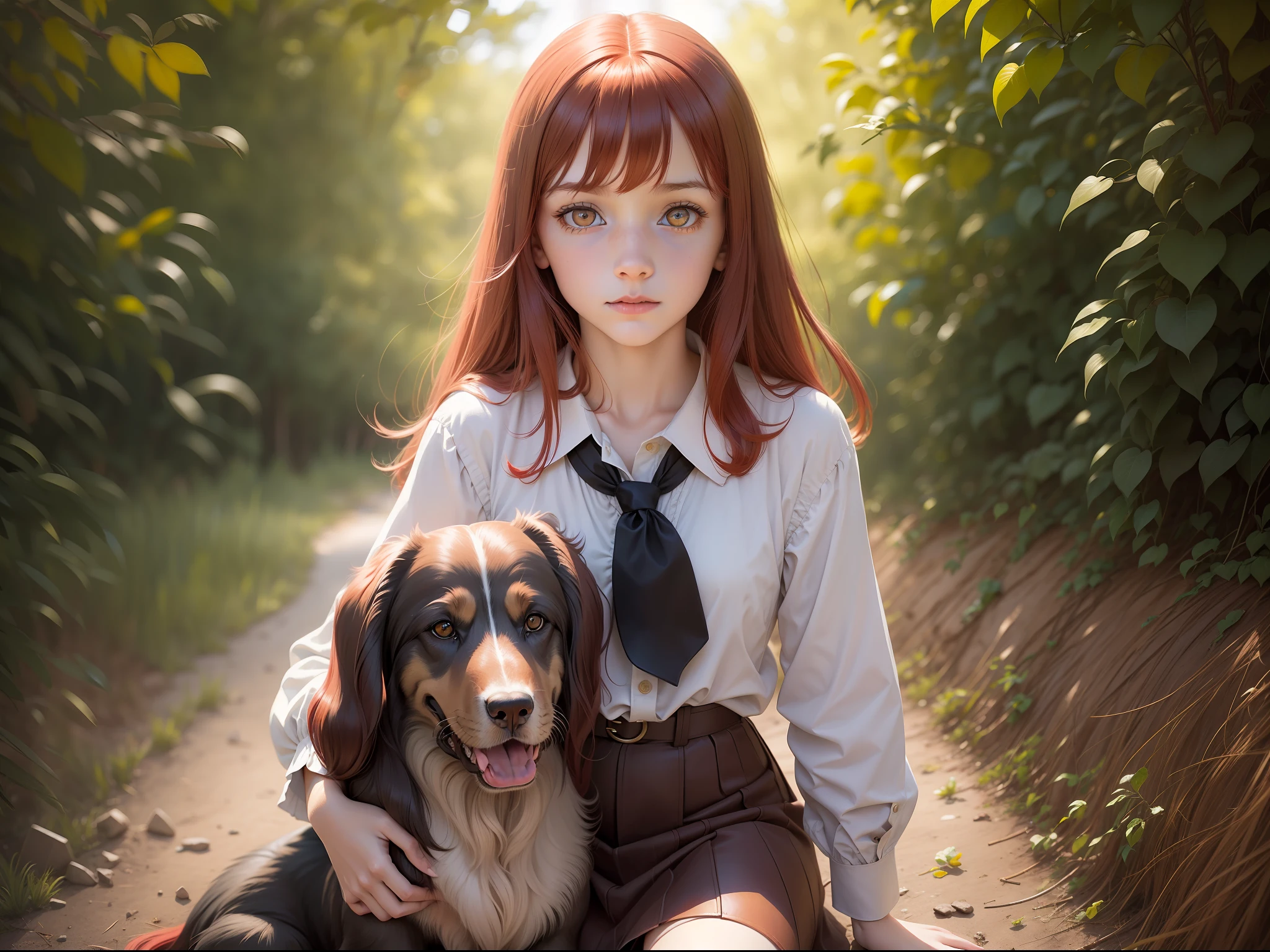 1girl, child, red hair, yellow eyes, shirt, skirt, playing with afghan hound dog, vintage photograph, 90s photograph, looking at viewer, ringed eyes, creepy expression