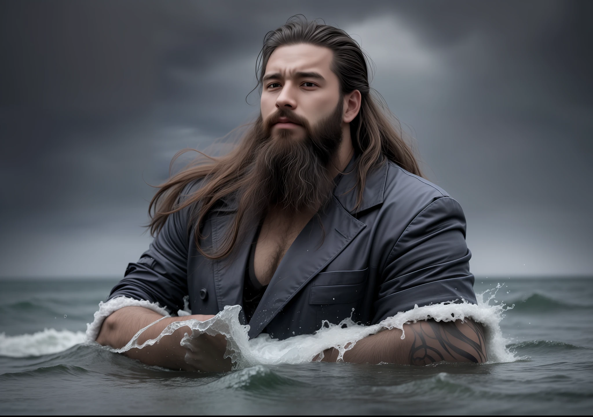 A young man of 25 years, with a beard, megulando in the sea in a dark, gloomy place, with demons.