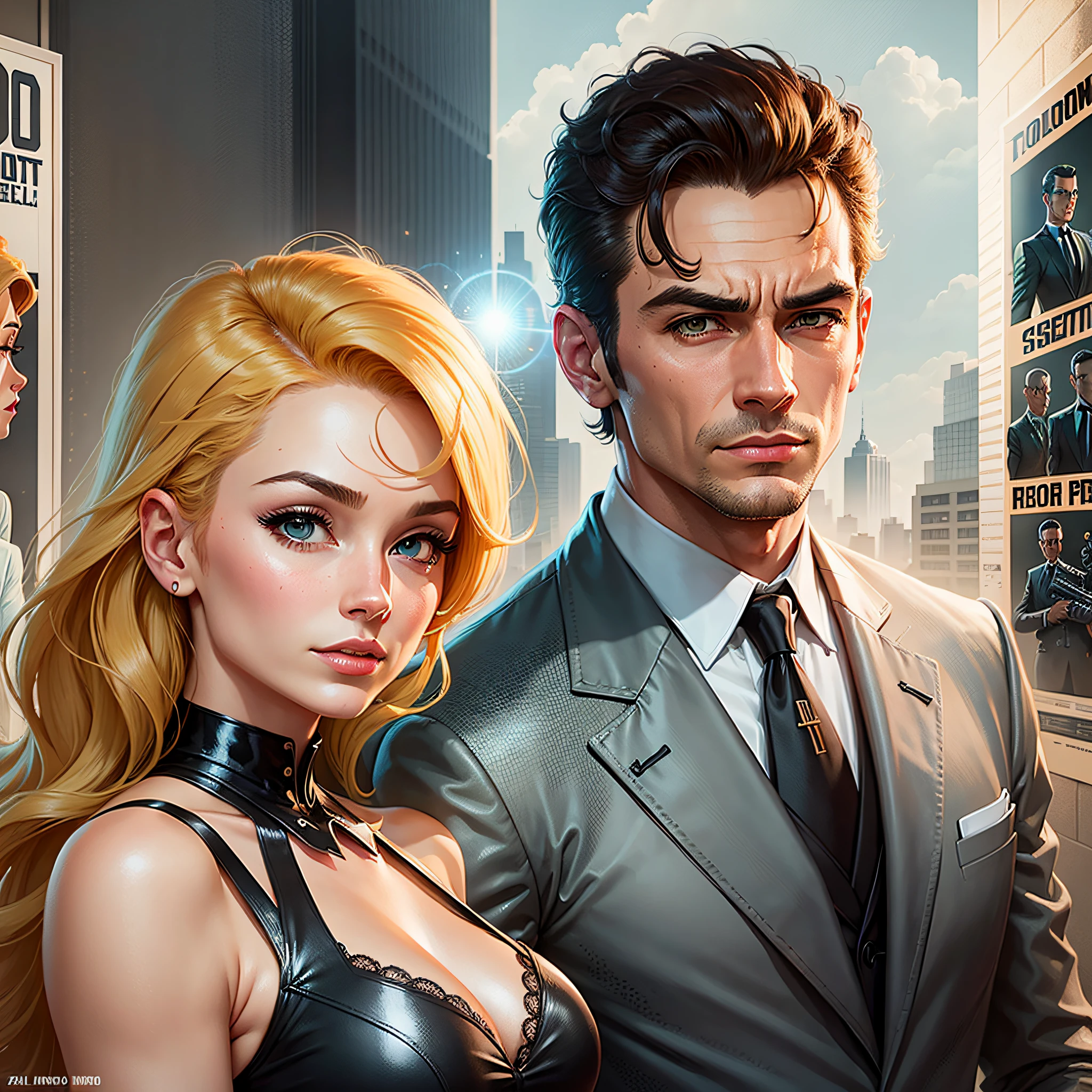 handsome secret agent encounter a lethal fembot, midcentury modern poster illustration --auto --s2