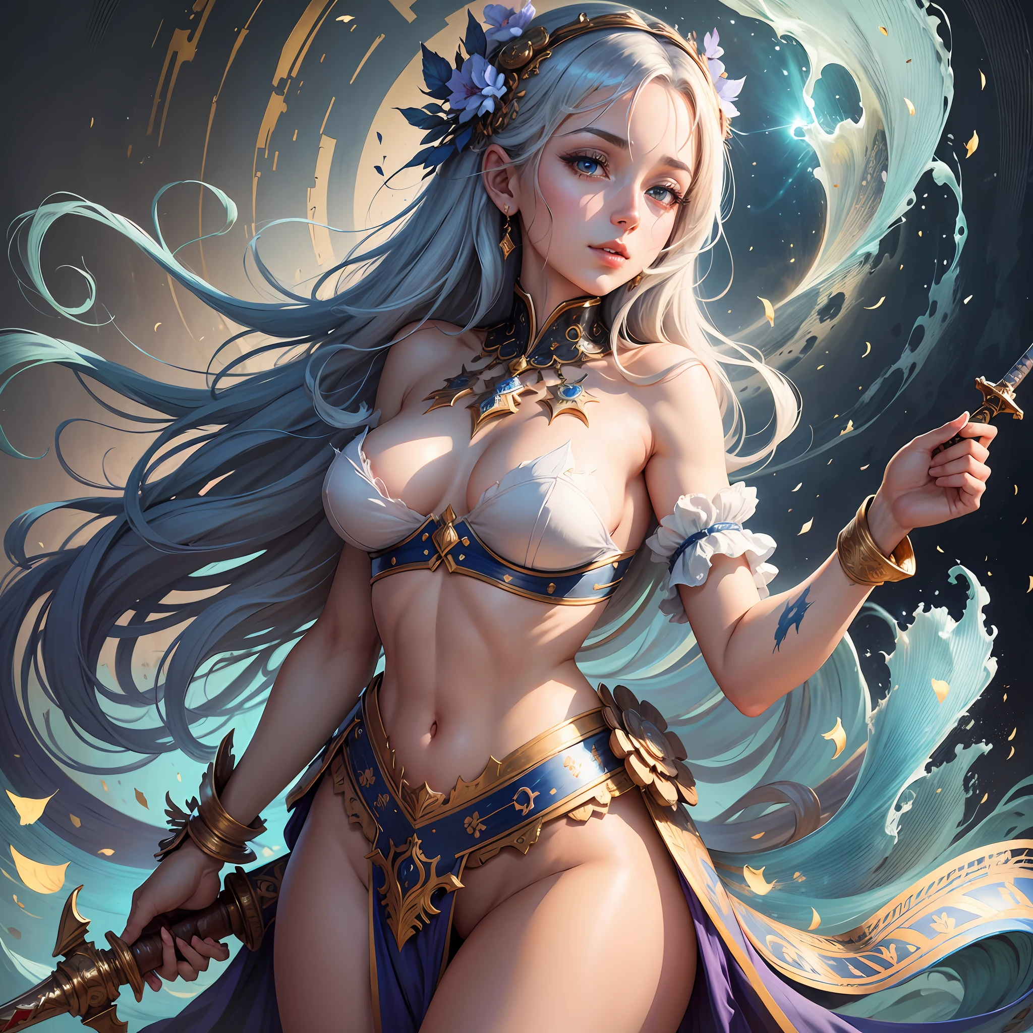 Shukezouma, shuimobysim, master piece, best quality, official art, 8k wallpaper, highly detailed, illustration, nude, beautiful eyes, soft smile, hold sword, medium breasts, paint wash painting, dance --auto --s2
