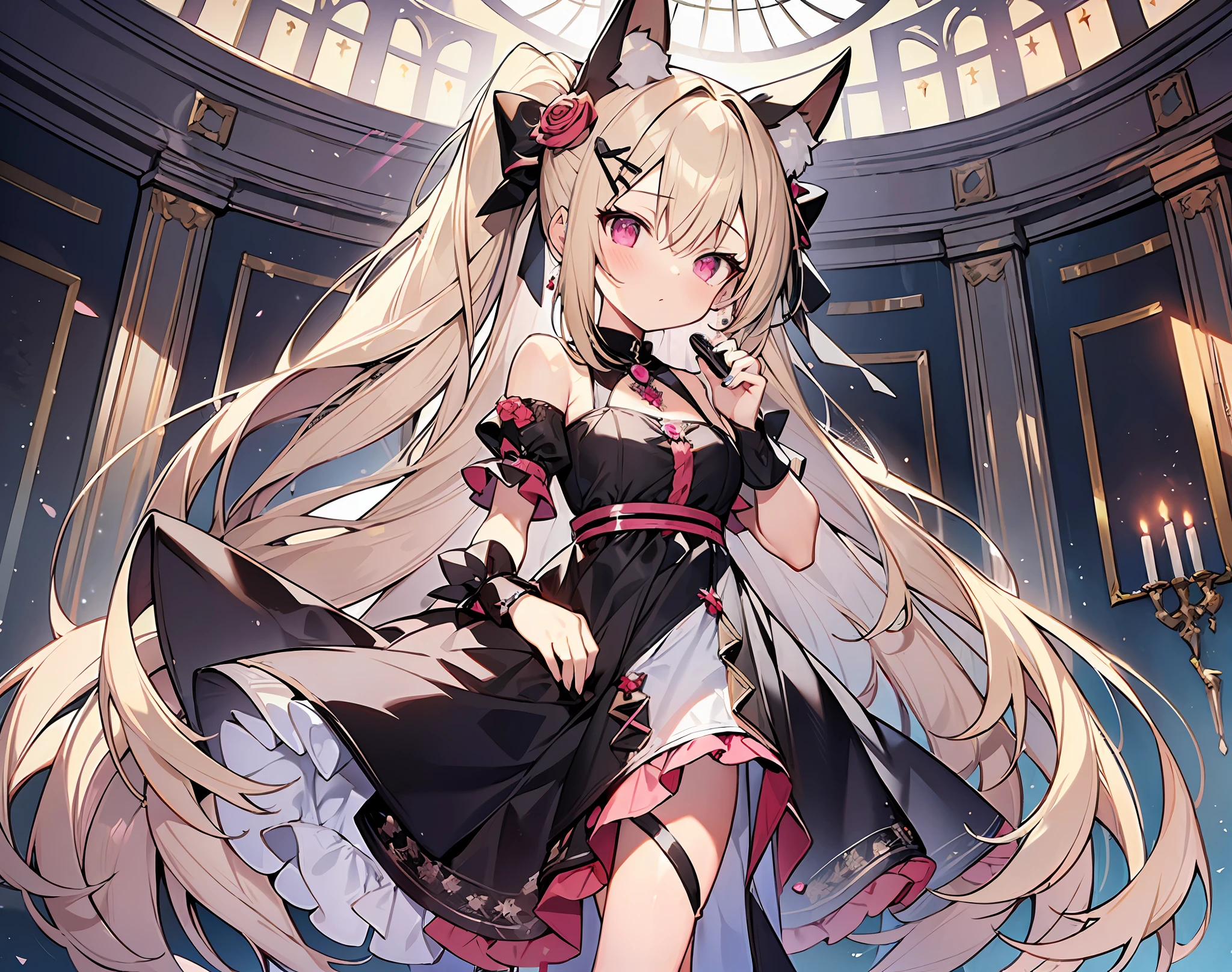 ((masterpiece, best quality)), a maiden, standing full body main view blonde hair, double ponytail, pink eyes, bangs between the eyes fox ears, black white and rose red clothing, clothing style: singing dress, leg straps, hair ornaments are bows, crystal pendants, high heels, white silk
