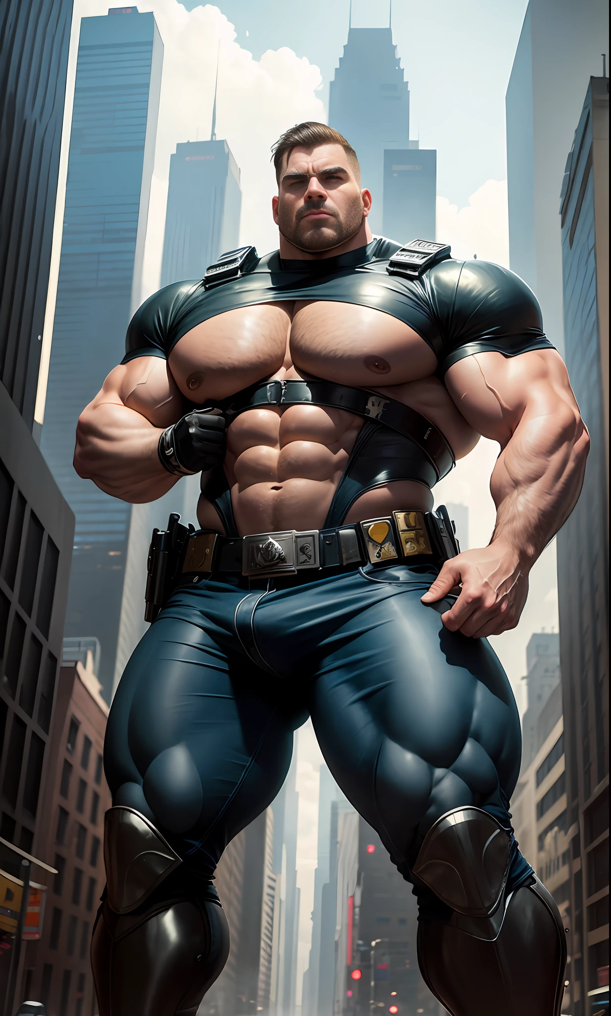 City ruins, broken buildings, policemen, armor, thick eyebrows, military boots, perfect facial features, majestic cop, giant cop trampling the city, giant cop trampling buildings, giant muscle cop, giant muscle cop destroying the city, giant muscle cop, powerful cop, handsome cop. giant cop pinching house, megacop pinching man, megacop smashing building, megacop smashing house, riding boots, military boots, huge muscles, protruding crotch, perfect facial features, megacop pushing down buildings, muscular, cop, giant