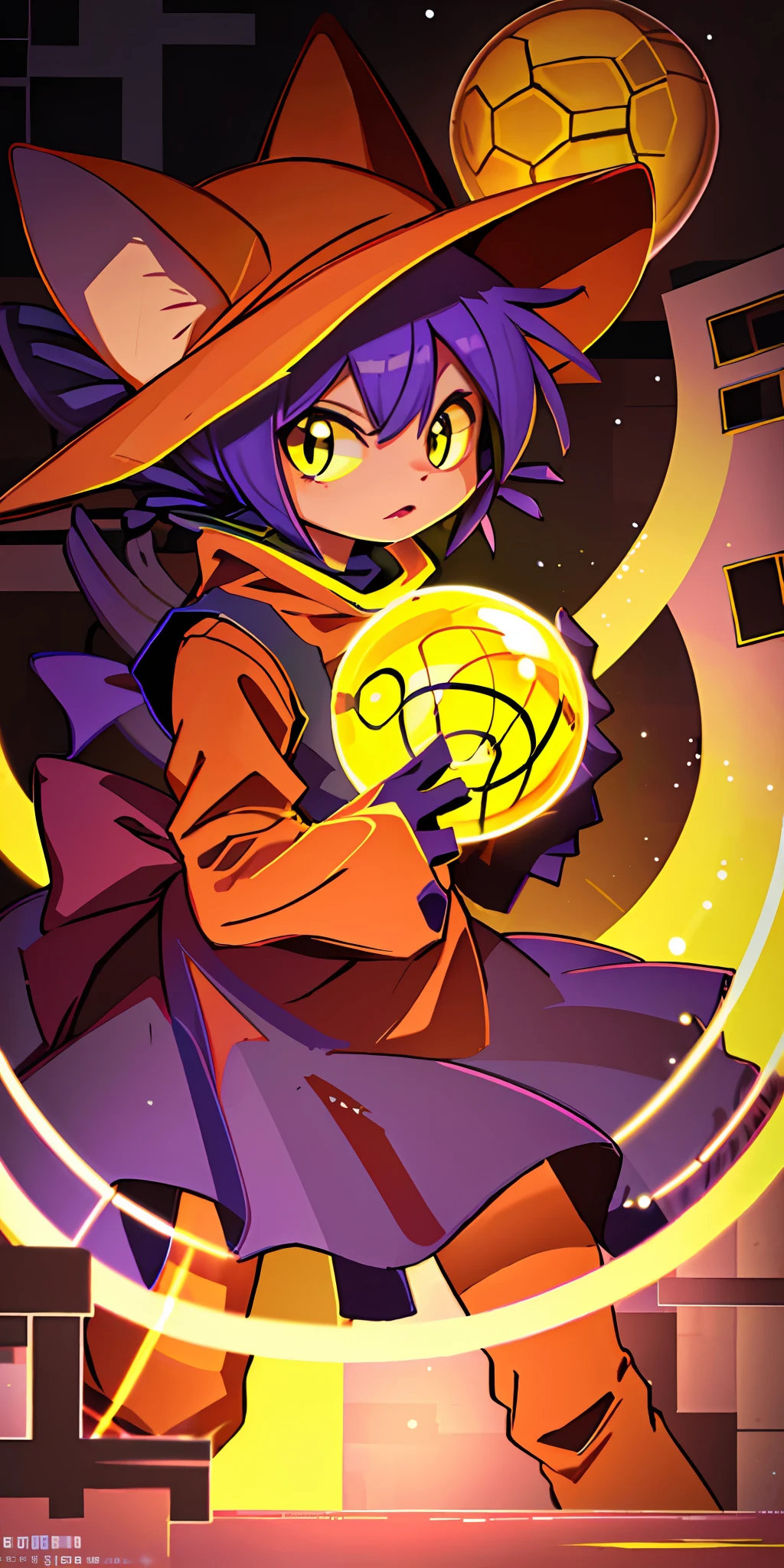 sfw, clothed, (Best Quality, Masterpiece), (Absurdres:), 4K, Detailed, Ultra-Detailed, Digital Art, day, glare, 1girl, niko, holding a bright yellow ball, looking at viewer, yellow eyes, red dress, red hat, cat ears, facing, purple ruins background,