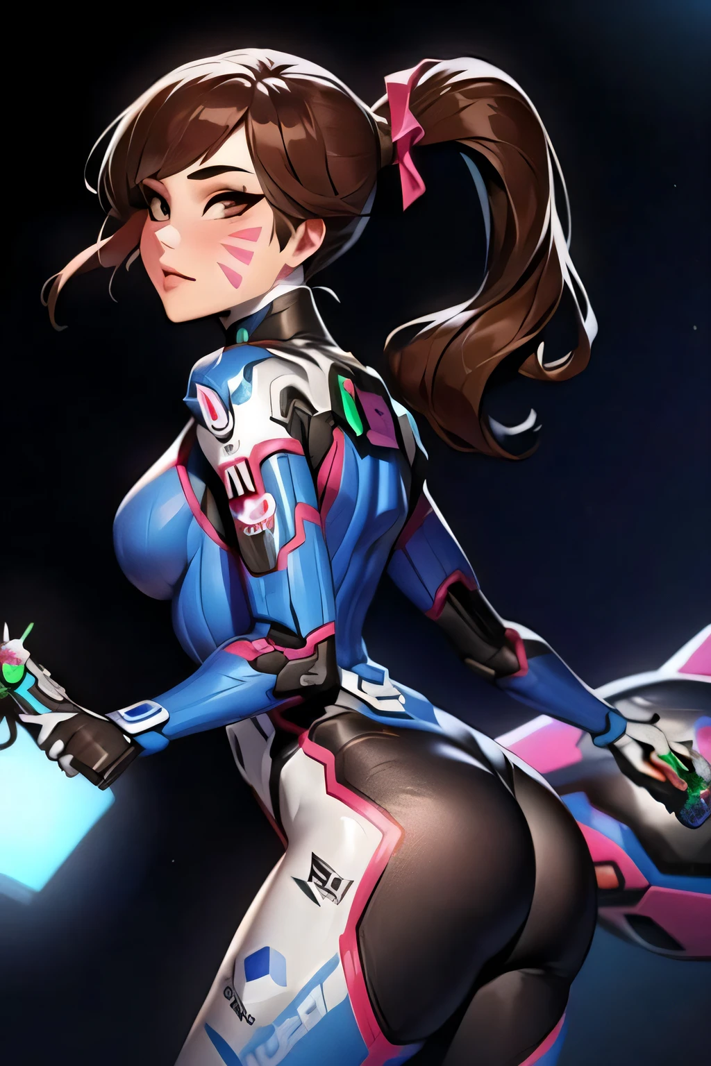 Deeva \(overwatch 1 version\), 1girl, d.va \(overwatch 1/),  ponytail, ass, brown hair, weapon, gun, robot, whisker markings, mecha, bodysuit, solo, meka (overwatch), handgun, breasts