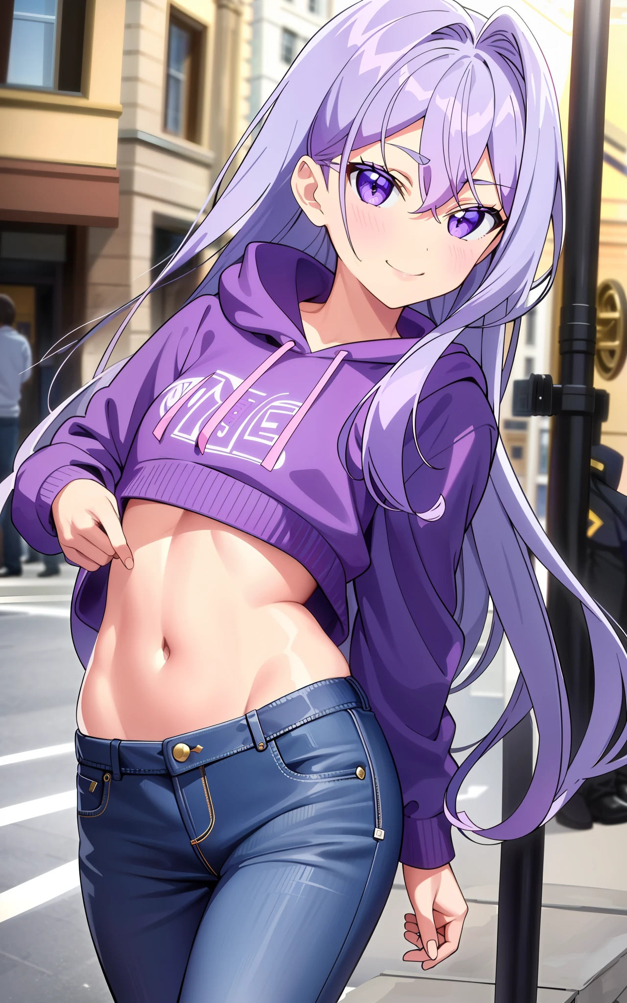 (masterpiece), best quality, intricate details, ultra details, ultra quality, rule of third, (looking at viewer), detailed face, detailed iris, glossy lips, 1girl, solo, long hair, purple eyes, hair between eyes, purple hair, (hair intakes), bangs, (top third shot), streetwear, hoodie, jean shorts, navel, modern city streets, smile