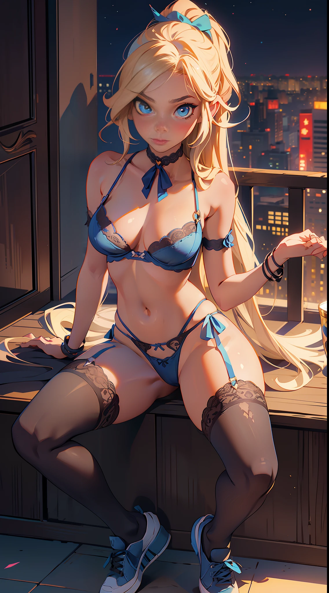 (Best Quality, Masterpiece: 1.1), (Fidelity: 1.4), Woman, Upper Body, Lustful glance, Flushed Face, Pleasure, Lustful Expression, Long Blonde Hair Double ponytail, On the balcony of the building, Night city background, Silk corset, mmicro Blue lace bra half cup, Alloy belt and lace long stockings, Lace choker with heart, Micro blue lace panties silk thong with tie on the sides, crouching position, legs open, full body, low sneakers, wide hips, crotch on display, camel's paw, anatomy of the majora, medium breasts, looking at the viewer, pov from bellow,