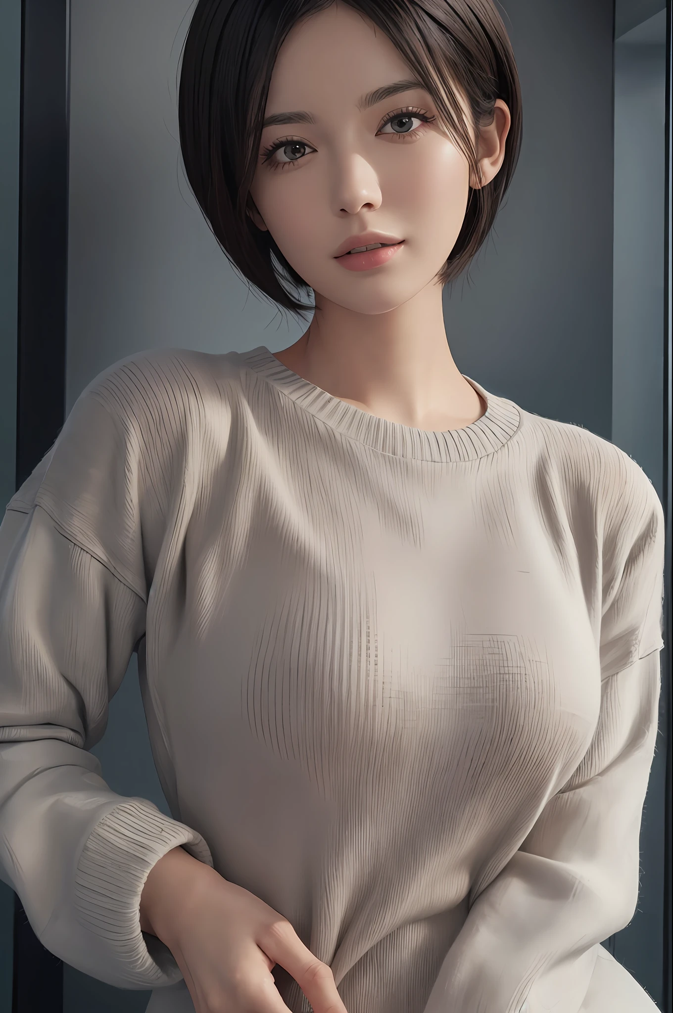 (Masterpiece: 1.3), (8k, Photorealistic, RAW Photo, Best Quality: 1.4), (1girl), Beautiful Face, (Realistic Face), (Black Hair, Short Hair: 1.3), Beautiful Hairstyle, Realistic Eyes, Beautiful Detail Eyes, (Realistic Skin), Beautiful Skin, (Sweater), Absurd, Attractive, Ultra High Definition, Ultra Realistic, High Definition, Golden Ratio, Glossy Lips