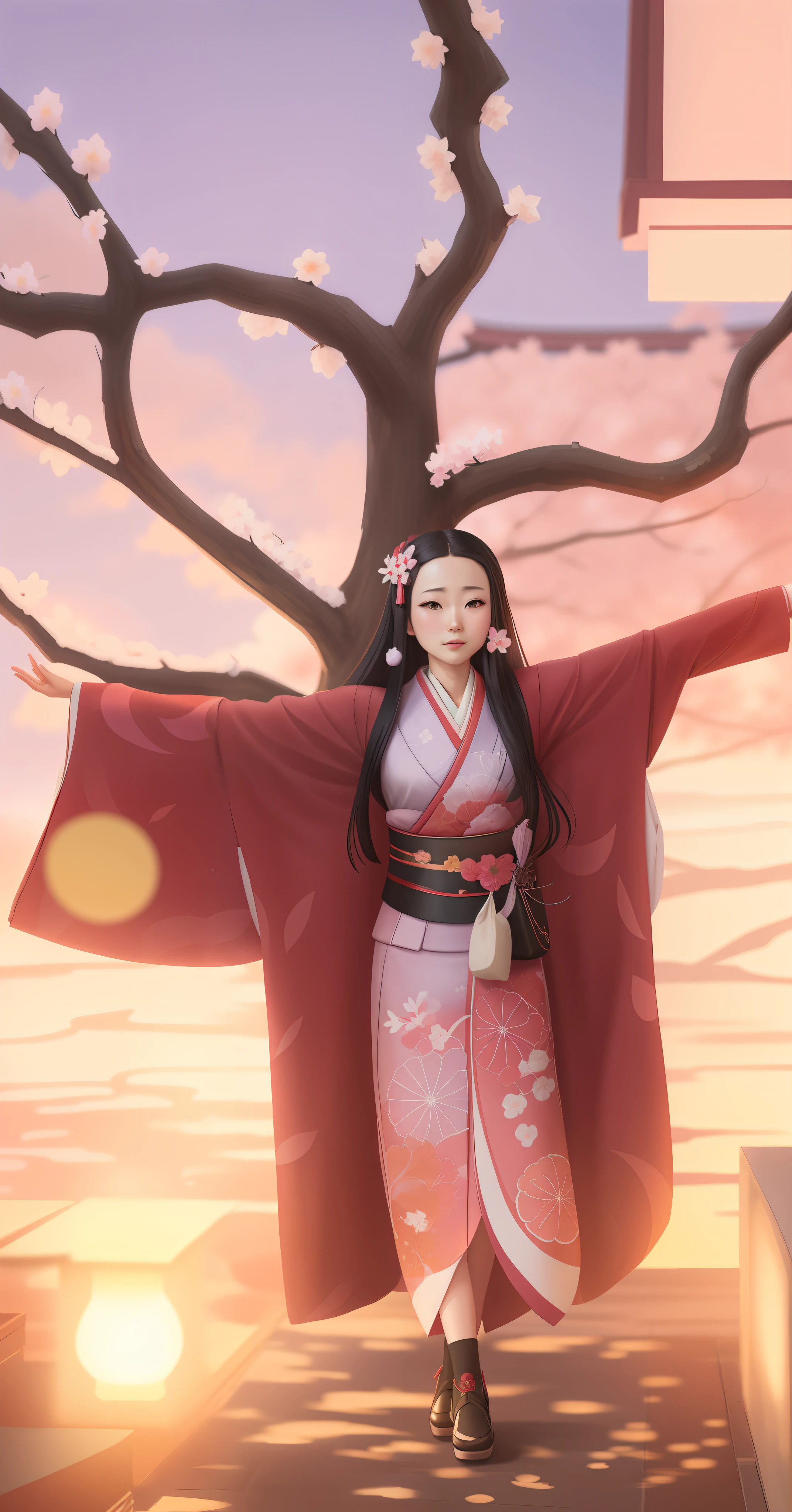 Dressed in a kimono in front of a Nezuko anime tree