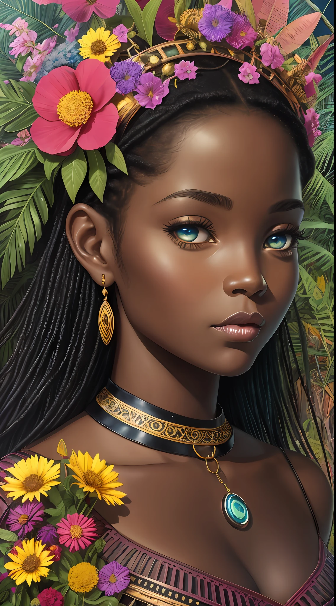 portrait, a cute black skin Kgalagadi forest goddess, 3 1/ view, dynamic pose, art by Dan Witz + Mark Ryden + Margaret Keane + Pino Daeni, Chav, pretty cute fine face, hourglass figure, stylized illustration, sharp focus, art by james jean and salvador dali and shusei nagaoka, hyperrealistic, retro 90´s, fantasy art, retro sci-fi, retrofuturism, surrealism, fractal geometry, photorealistic, DSLR, Nikon D850, CGsociety, jungle environment + exotic flowers, charming, cute and quirky, city in the background, double exposure --auto --s2