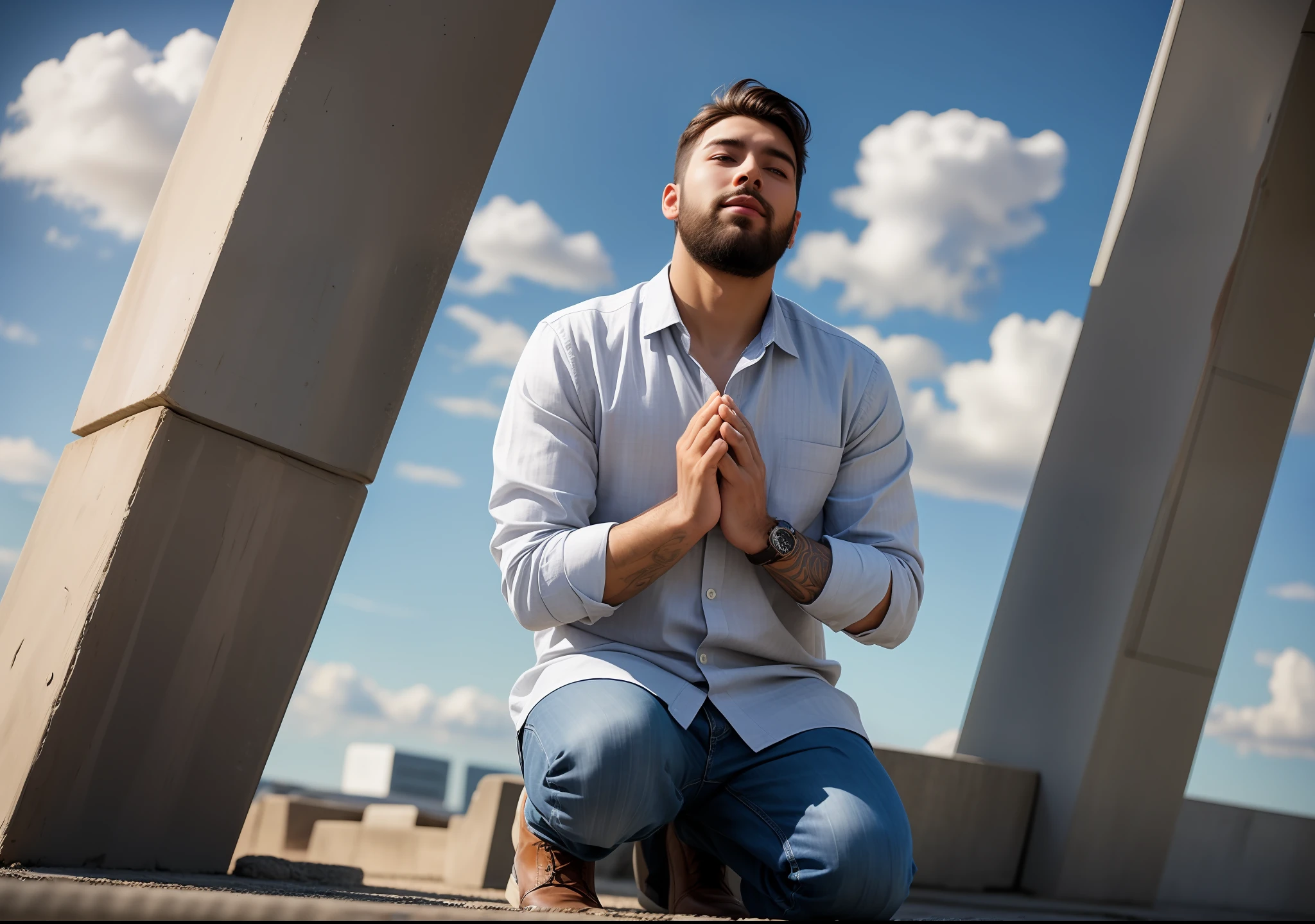 A young man of 25 years, with a beard, with simple clothes. Man on his knees, praying, looking up at the clear, blue sky with a bright light coming from the sky.