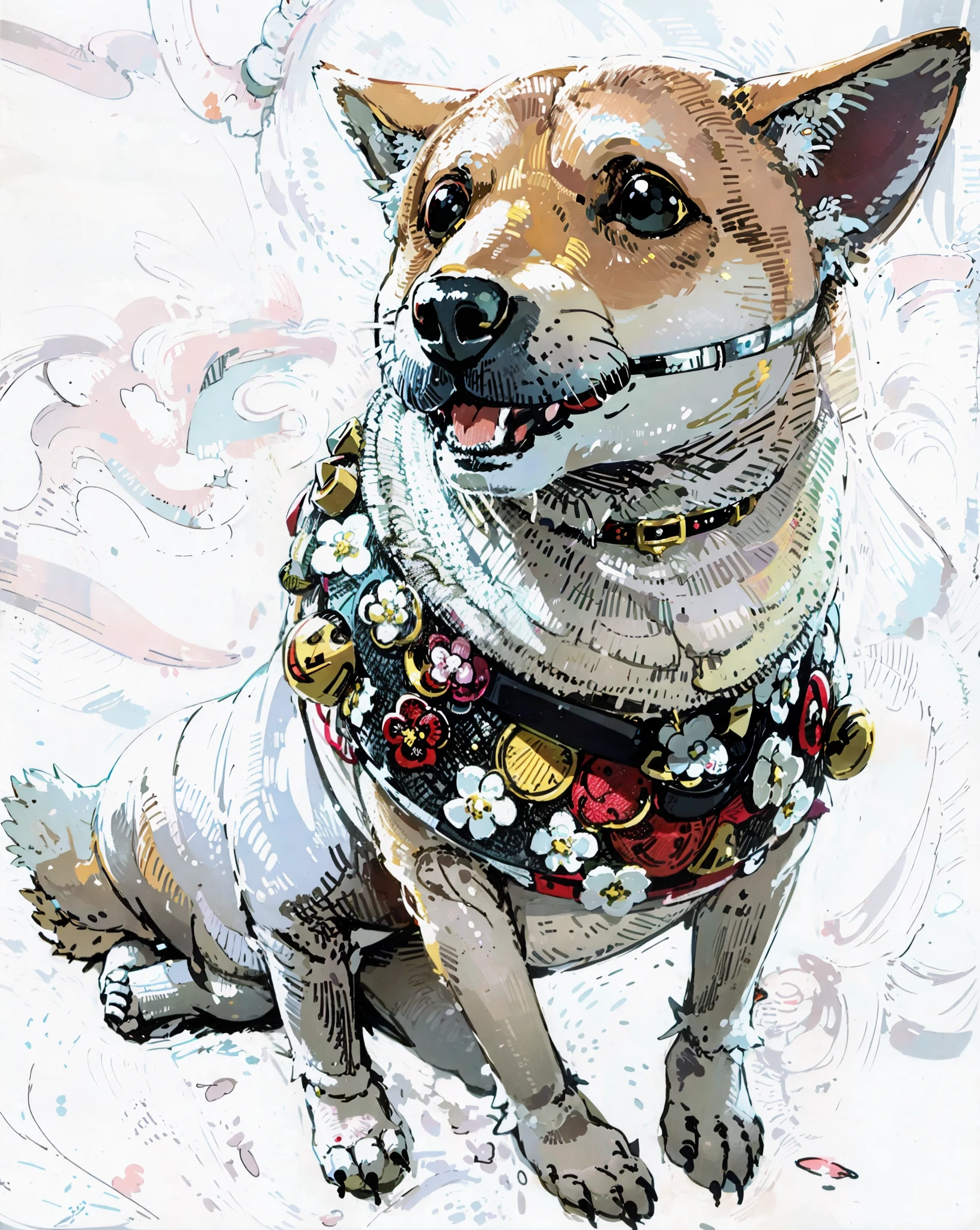 arafed dog wearing a collar with a teddy bear on it, miko, wearing collar, japanese dog, collar on neck, shell collar!!l, wearing collar on neck, by Gusukuma Seihō, kiki, collar, fully decorated, cat dog teddy mix, by Shiba Kōkan, fluffy neck, spike collar, collar around neck --auto --s2