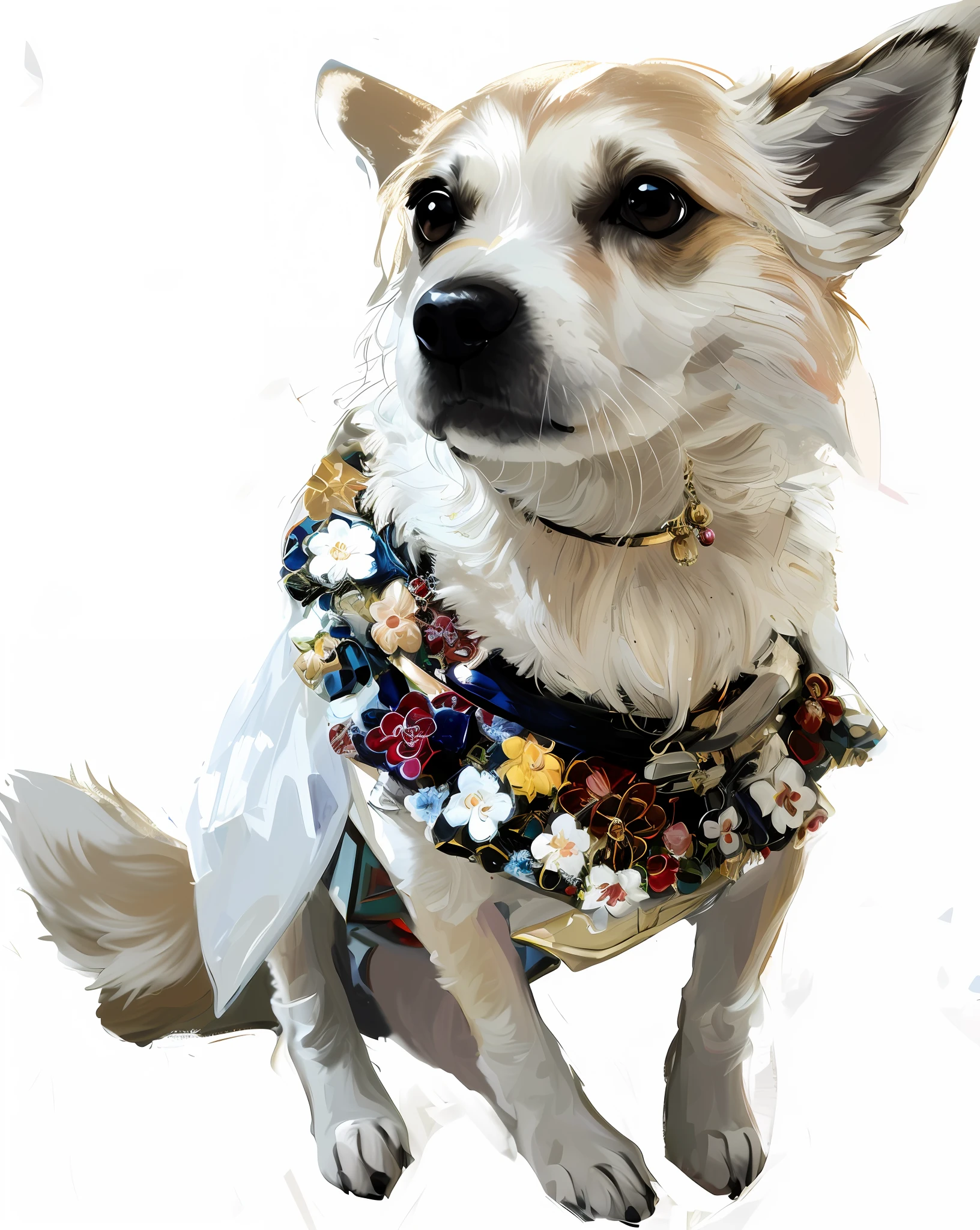 (Digital Art Style, Highly Detailed, Oil Painting Style), depicting a cute dog in a fancy delicate dress digital artwork. Unleash the elegance of digital art by using elements inspired by Federico Barocci and Gabriel Mezin.