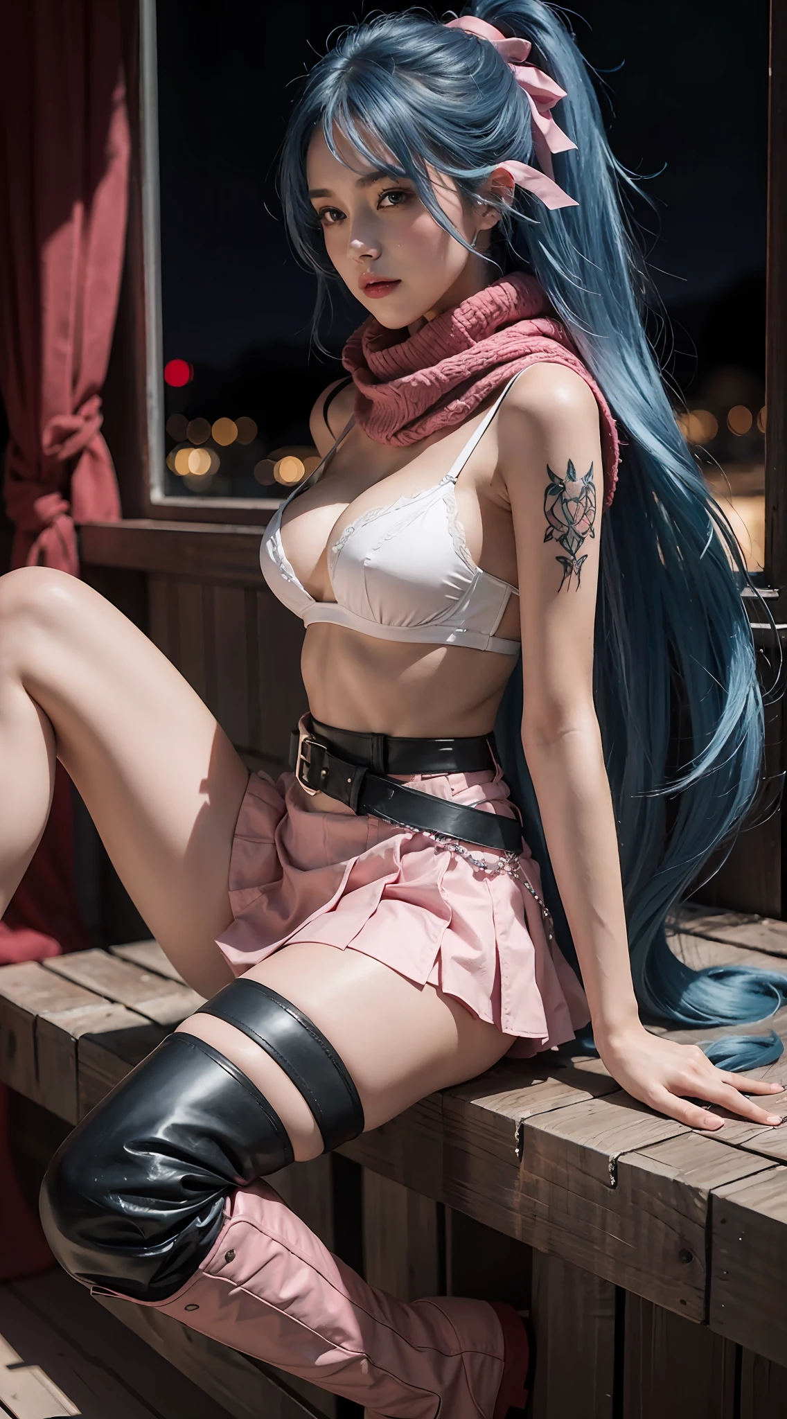 Beautiful woman, long hair, blue hair, white bra, pink skirt, red scarf, tattoos, pink riding boots, night