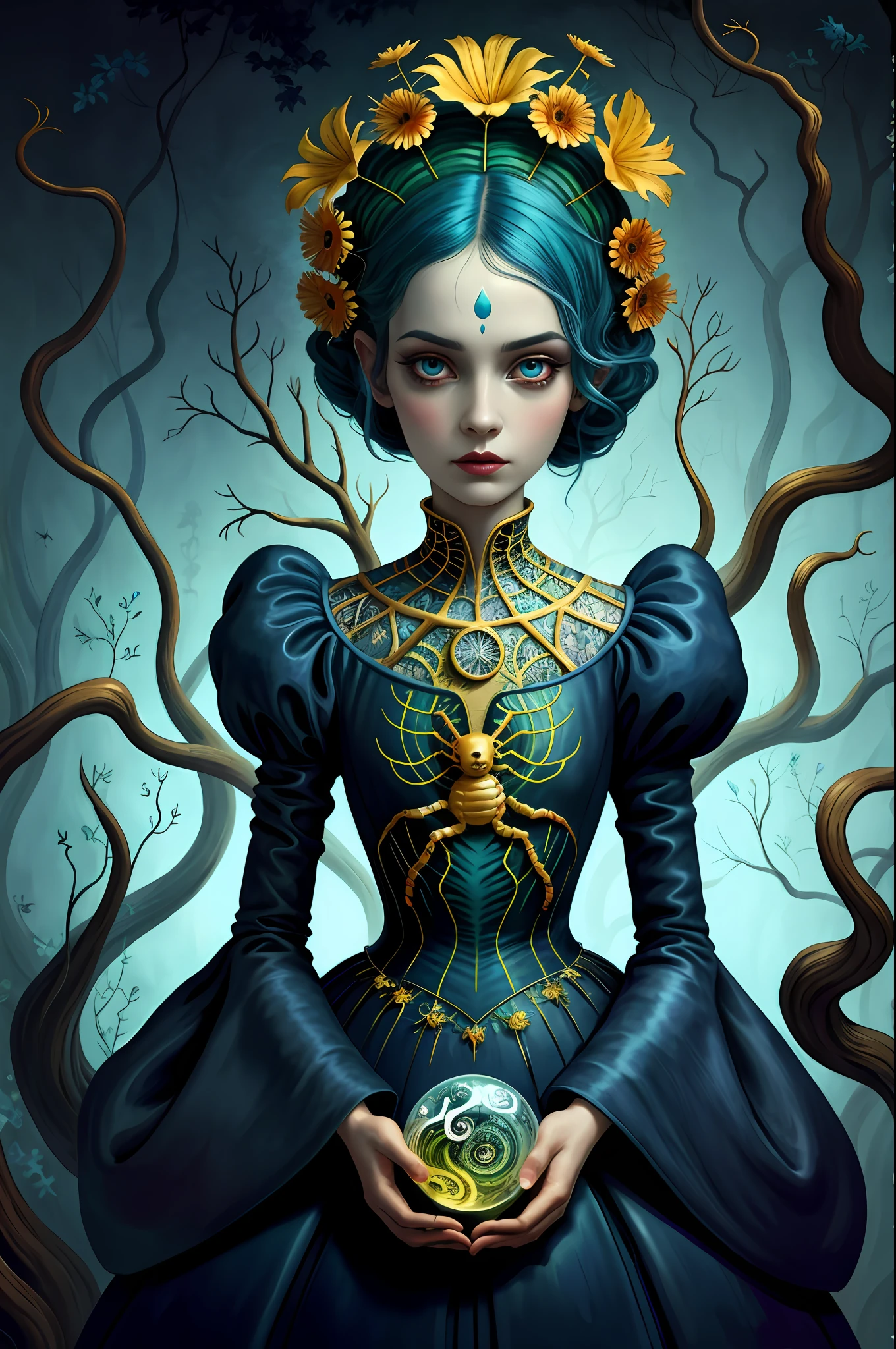 colorpop style, pointy hair, blue skin, natalie shau, mark ryden, alberto seveso, brooke shaden, anna dittmann, flora borsi, yin yang anthill, ant, lily, insect, fern, beautiful full body photo with oil painting, with thick brushstrokes and wet paint, fibonacci, golden ratio, melted wax, visible brushstrokes, surrounded by crystal ball, 3D Mosaic wireframe, neural graphics, neurons, tree of life, color, love, passion, oil on canvas, thick brush strokes, crazy details, 8k uhd, masterpiece, art station, surrealism