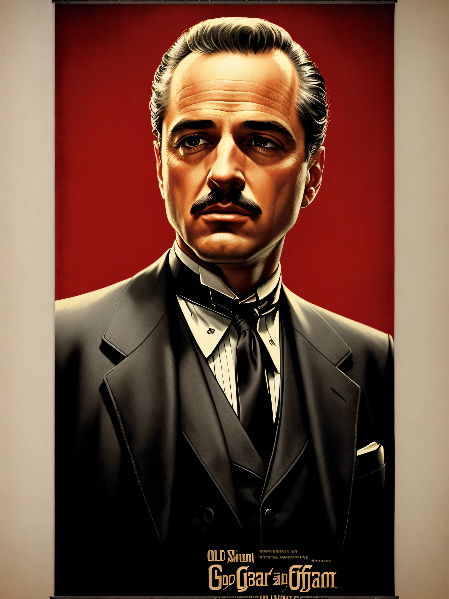 Old Marlon Brandon in The Godfather movie, mustache, vhs effect, (poster:1.6), poster on wall, nostalgia, movie poster, portrait, a red jacket, close up (skin texture), intricately detailed, fine details, hyperdetailed, raytracing, subsurface scattering, diffused soft lighting, shallow depth of field, by (Oliver Wetter)