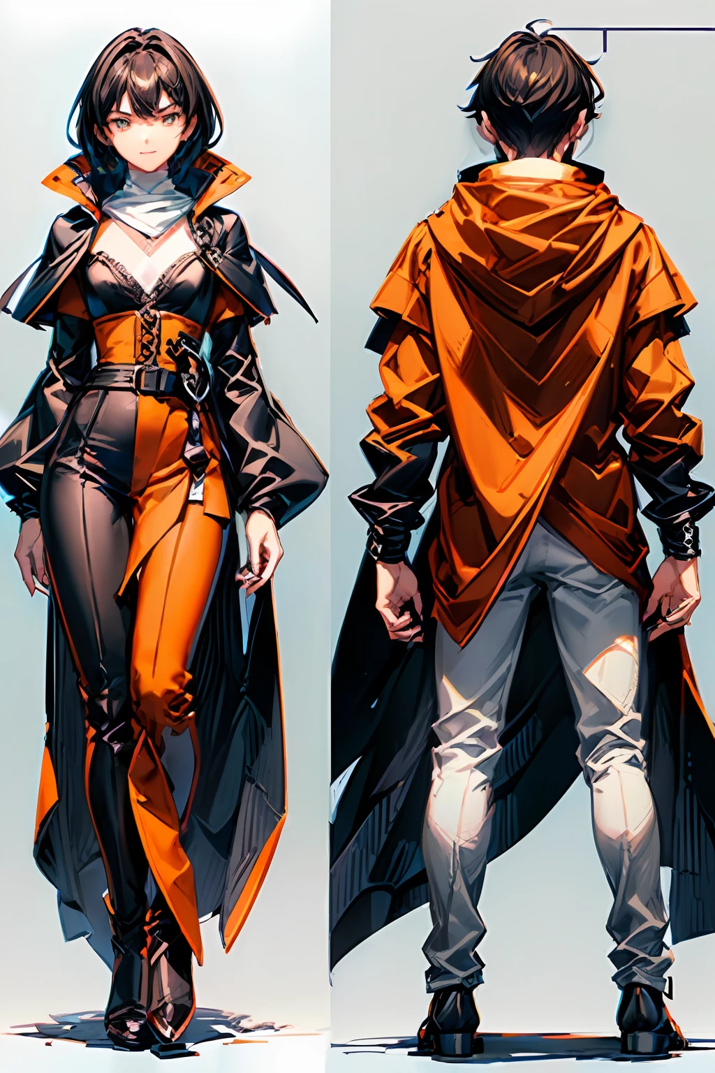 ((Character design sheet, same character and same outfit, front and rear view, full body, standing)), 

((1boy, 17 years old, male, young, tall, thin, muscular, black hair, brown eyes, bright eyes, expression, smile, smiling, dark power, hood, 18th century clothing (orange jacket, white shirt, brown pants)))), 

(Volume of light, shadow, ultra detailed, lovely, masterpiece, simple background, white background:1.3)