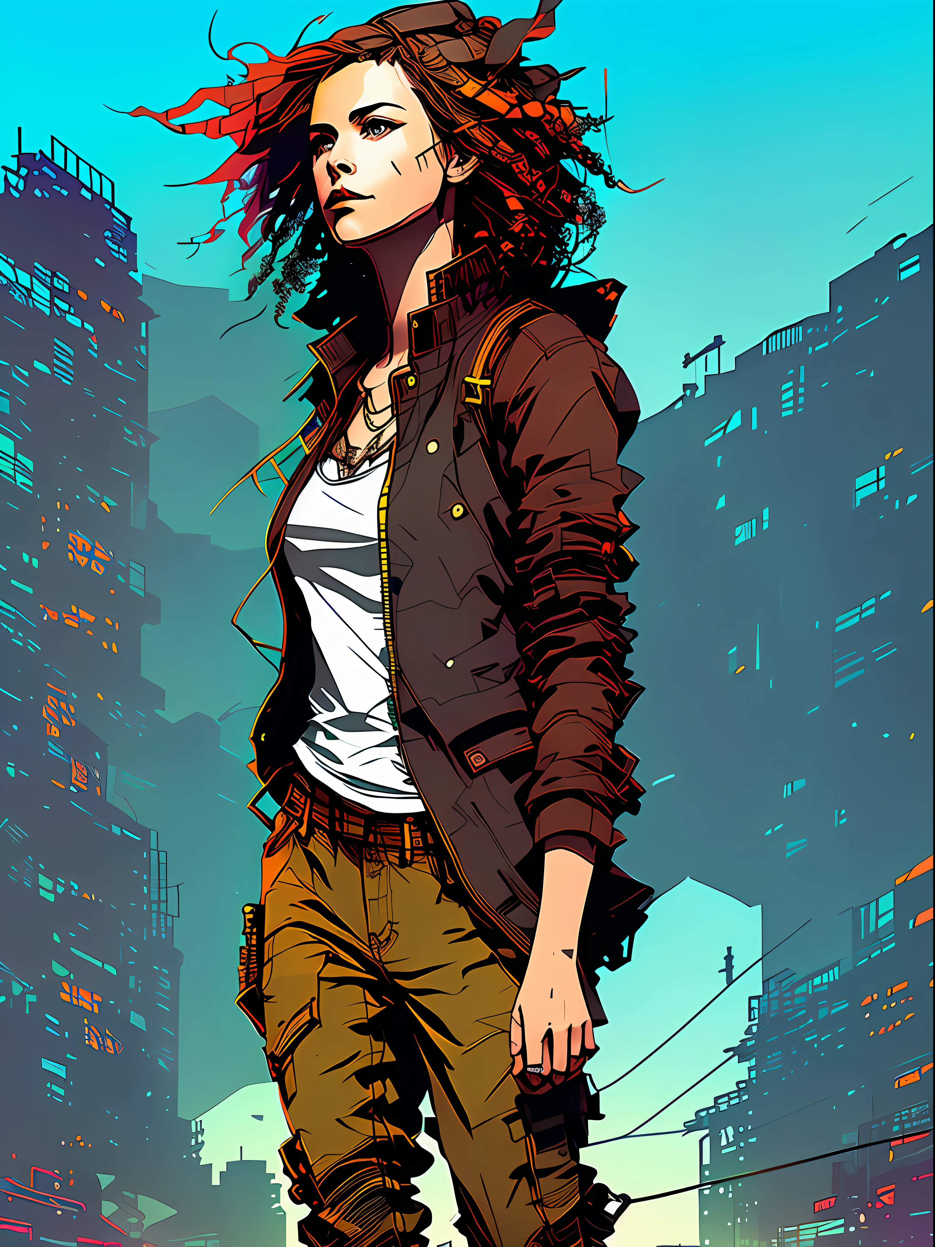 nvinkpunk, portrait of one urban woman, solo, wearing streetwear and cargo pants, with curly hairstyle, vaporware, cell shaded, (octane render:1), highly detailed, fine detail, intricate