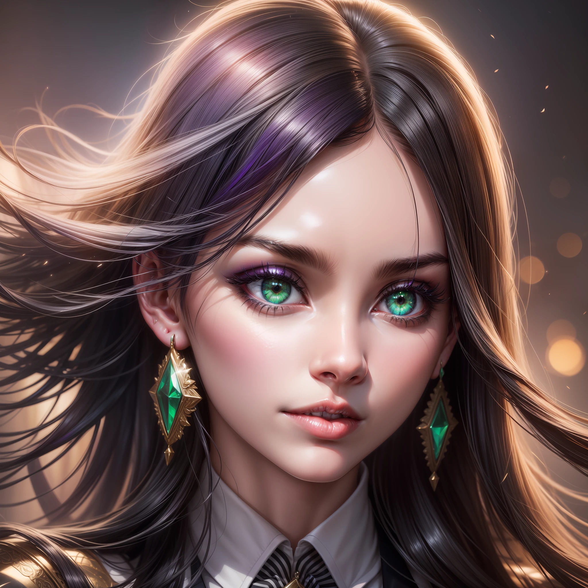 Zoom on a striking young European girl, her half long black hair flowing gracefully around her shoulders, vibrant green eyes sparkling with curiosity, a delicate nose adding to her allure, her lips adorned with a mesmerizing shade of purple lipstick, small silver earrings dangling from her ears, dressed in an impeccably tailored work suit that exudes sophistication and confidence, the image captured in a 9:16 aspect ratio using a high-performance camera, the portrait bringing her incredibly realistic features to life, revealing intricate details of her flawless skin, Photography, shot with a professional DSLR camera, 50mm prime lens, wide aperture for shallow depth of field